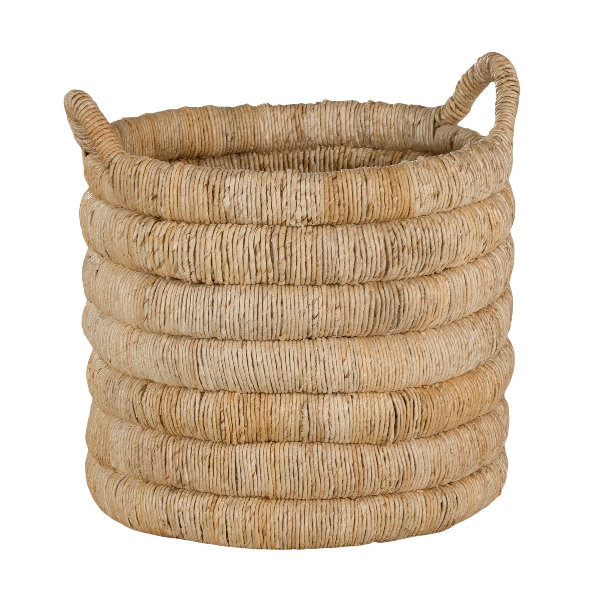 Mara natural handwoven storage basket with integrated handles in warm textured fibre set on a neutral background