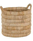 Mara natural handwoven storage basket with integrated handles in warm textured fibre set on a neutral background