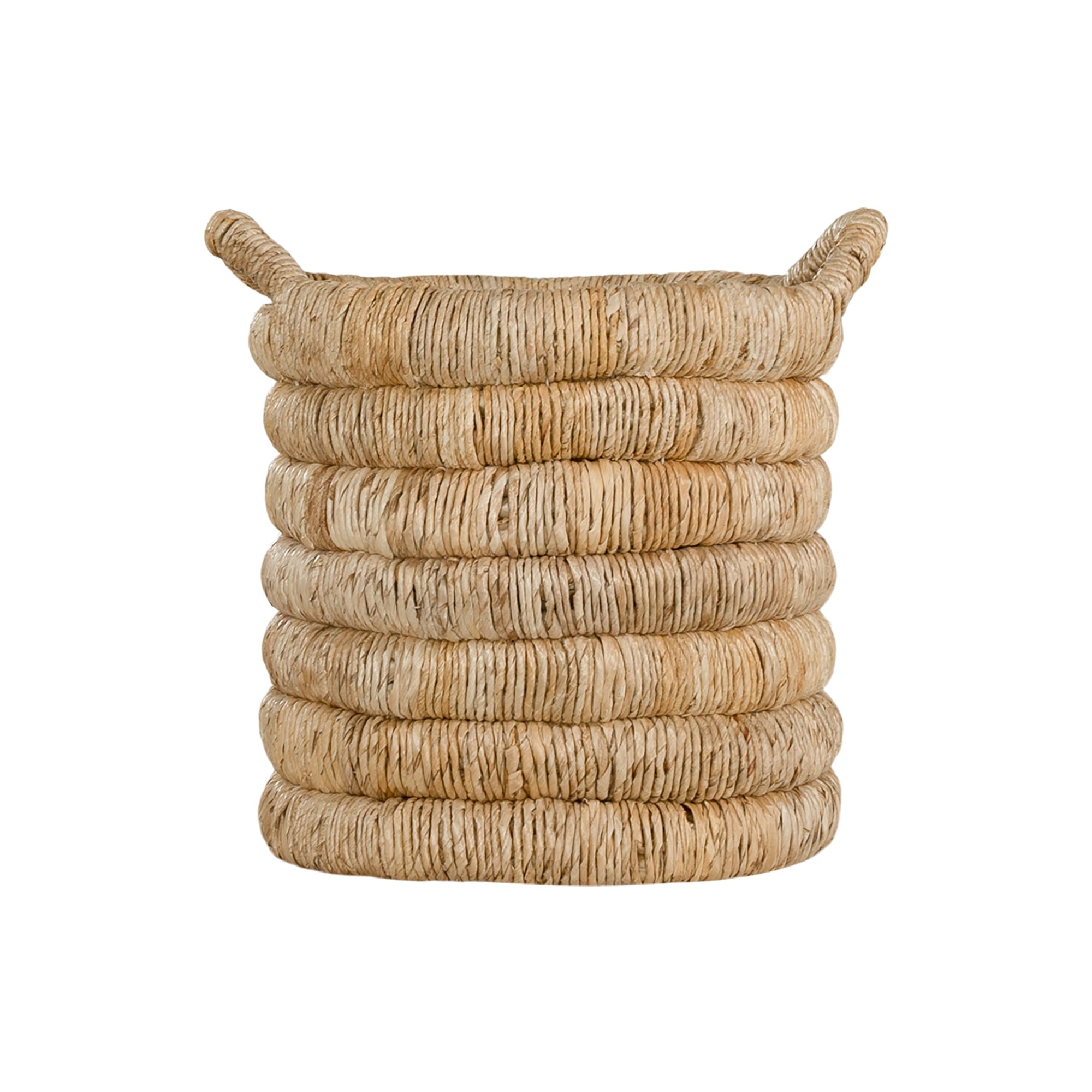 Mara natural handwoven storage basket with integrated handles in warm textured fibre set on a neutral background