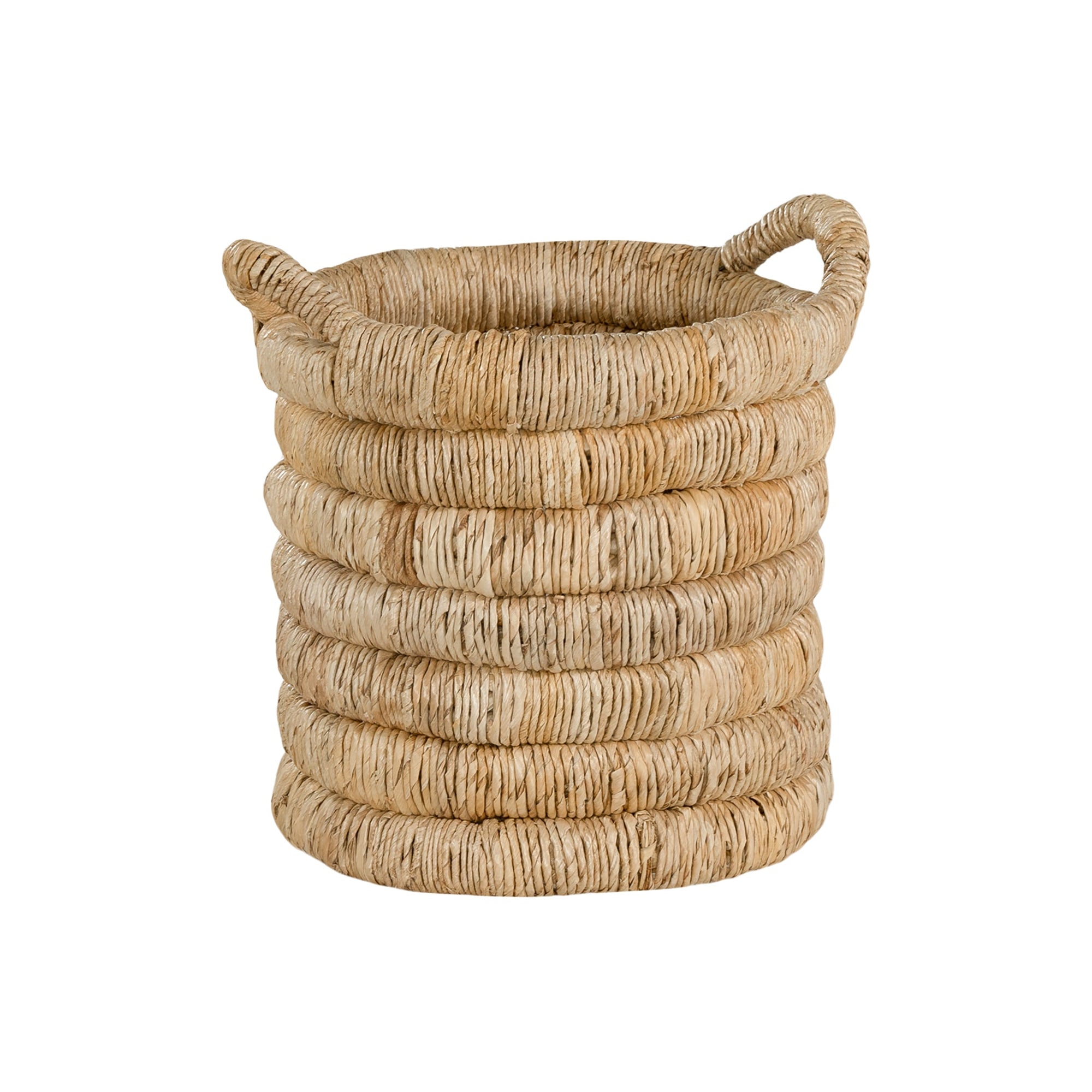 Mara natural handwoven storage basket with integrated handles in warm textured fibre set on a neutral background