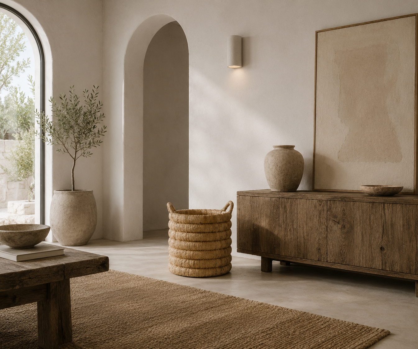Mara Hand Woven Banana Leaf Basket brings natural texture and artisan character to a warm contemporary living room with organic styling and timeless appeal.