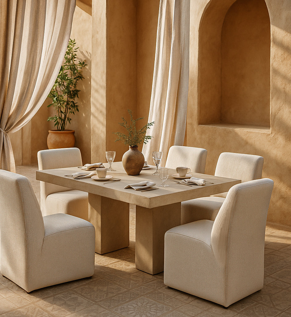 Martinique Dining Chairs in a low-profile upholstered design, styled around a stone dining table in a Mediterranean-inspired outdoor setting