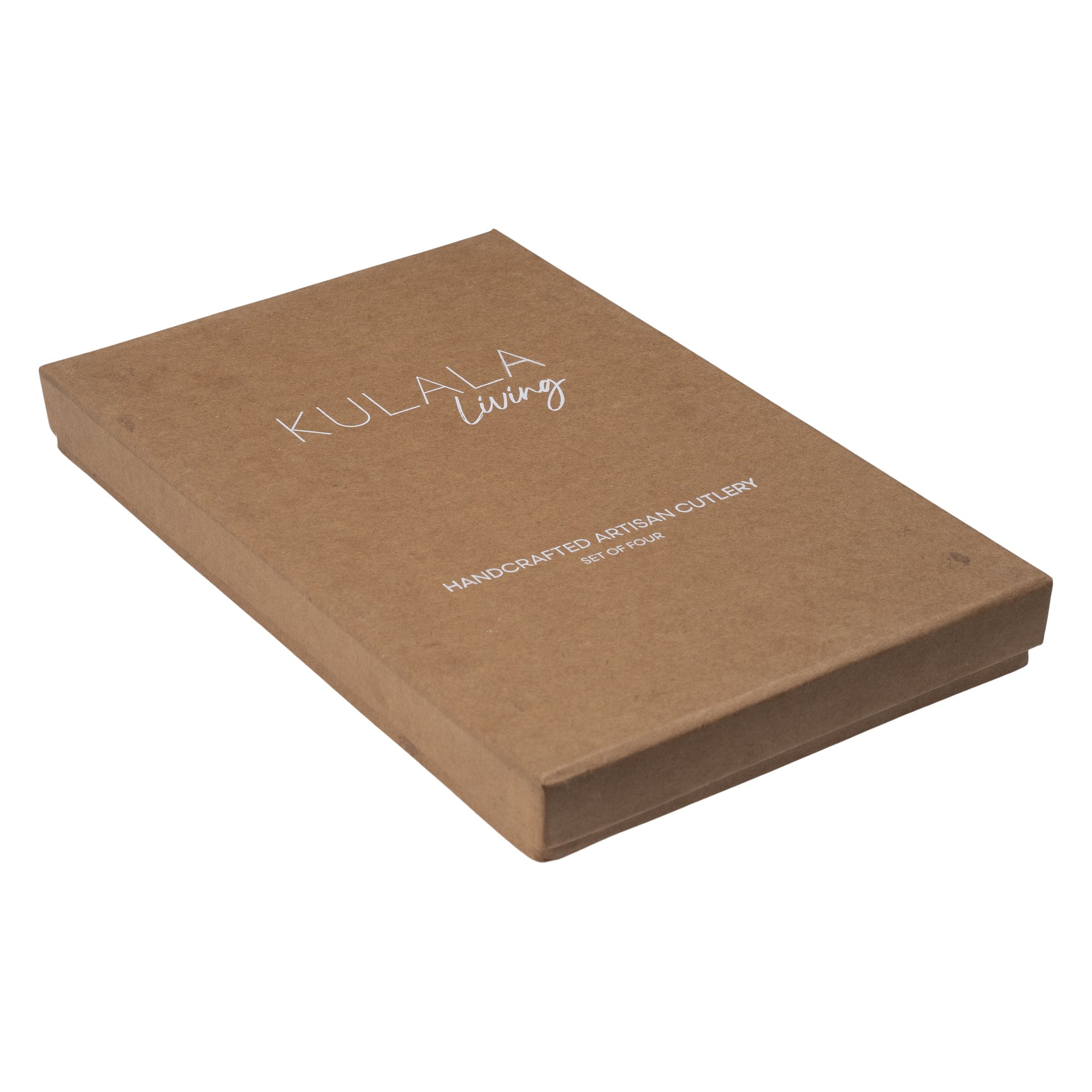 A sophisticated matte black cutlery set presented in a minimalist kraft box, featuring a modern fork, knife, tablespoon, and teaspoon with sleek, contemporary handles