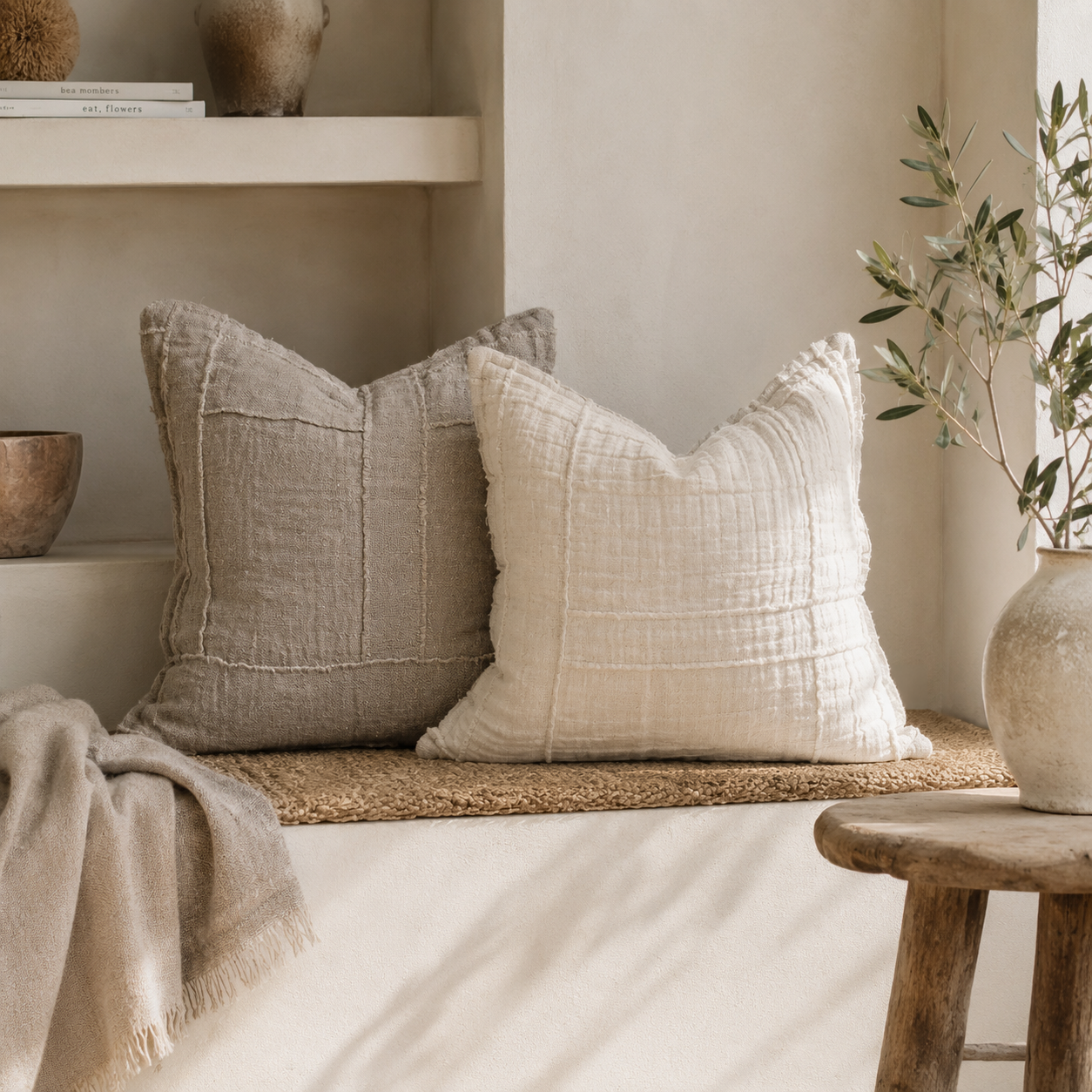 Meadow cushions in Natural and Ivory styled together on a built in bench, bringing soft texture, layered warmth and a relaxed coastal aesthetic to the space.