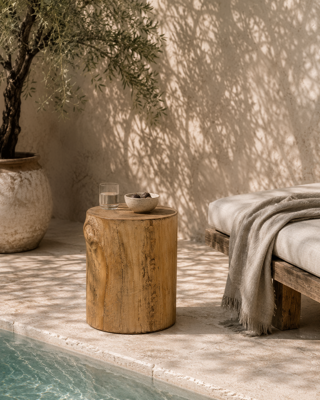 Natural Meera stool crafted from magnesium oxide styled beside a poolside daybed creating a warm organic retreat with rustic character and natural textures.