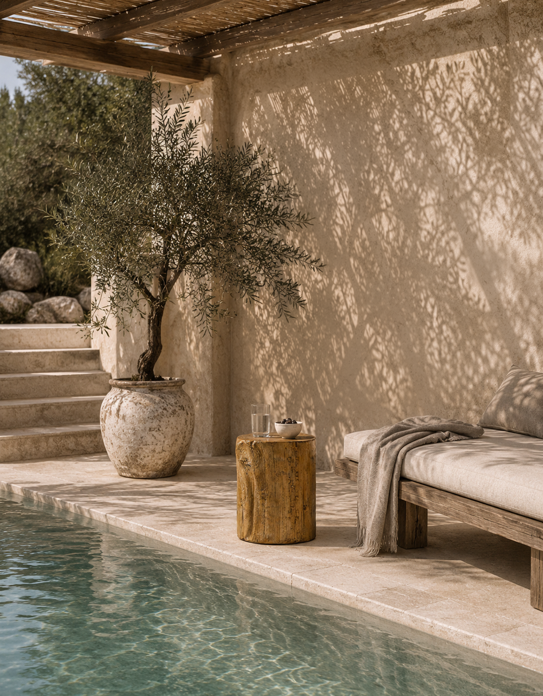 Natural Meera stool crafted from magnesium oxide styled beside a poolside daybed creating a warm organic retreat with rustic character and natural textures.