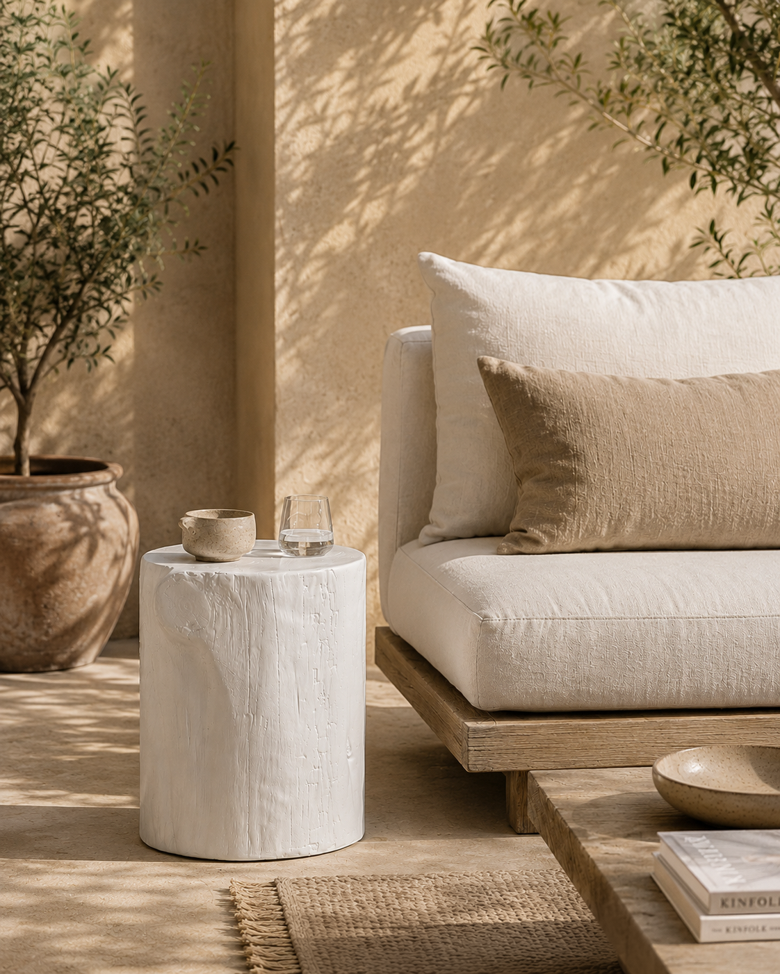 White magnesium oxide Meera stool styled beside an outdoor lounge creating a light and tranquil setting with soft textures and natural Mediterranean inspired warmth.