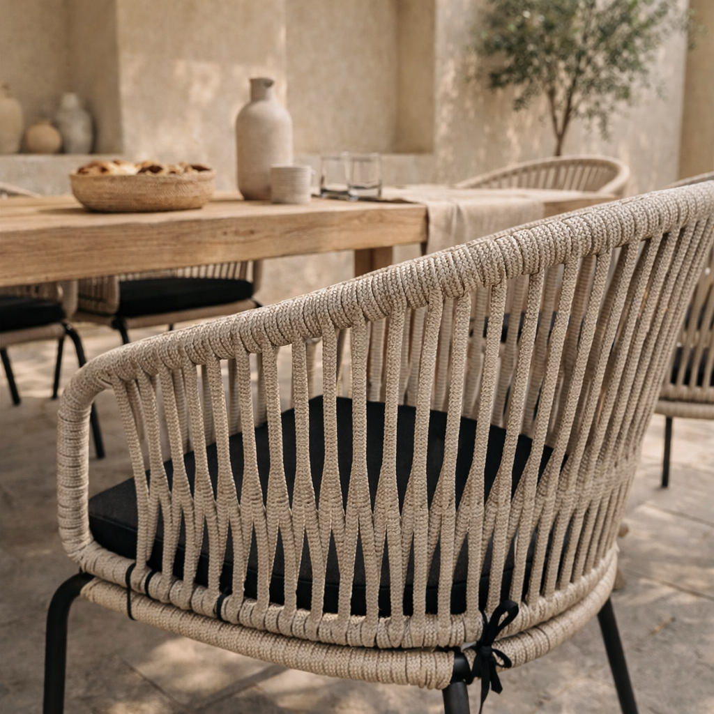 melela armchair in black and natural rattan styled around a timber dining table in a sun dappled mediterranean inspired courtyard setting