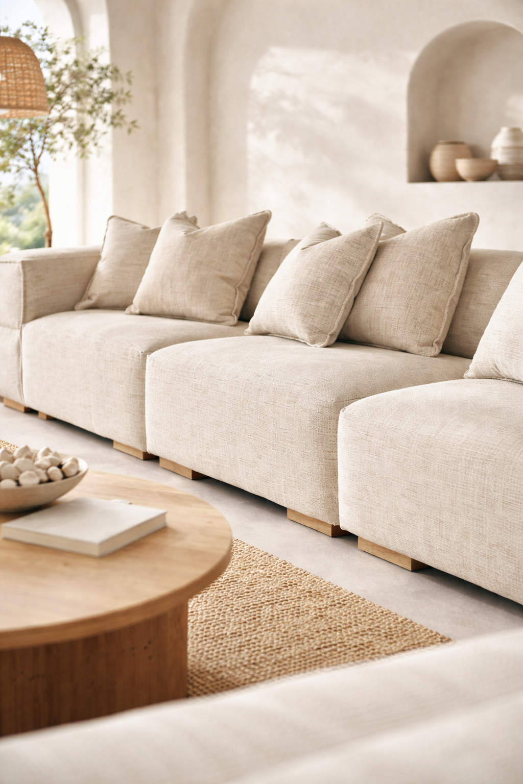 Melonee modular sofa in soft beige upholstery styled in a warm neutral living room with plaster walls, woven rug and round timber coffee table.