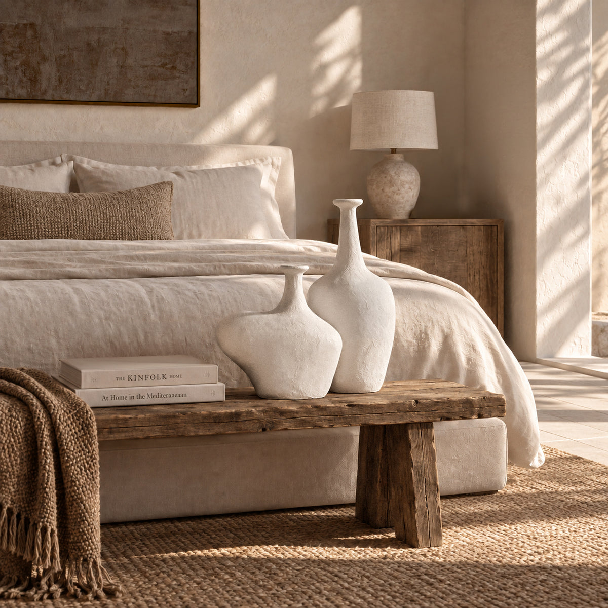 KULALA Living Meraki whitewashed fibre cement vases styled on a rustic timber bench in a warm neutral bedroom.