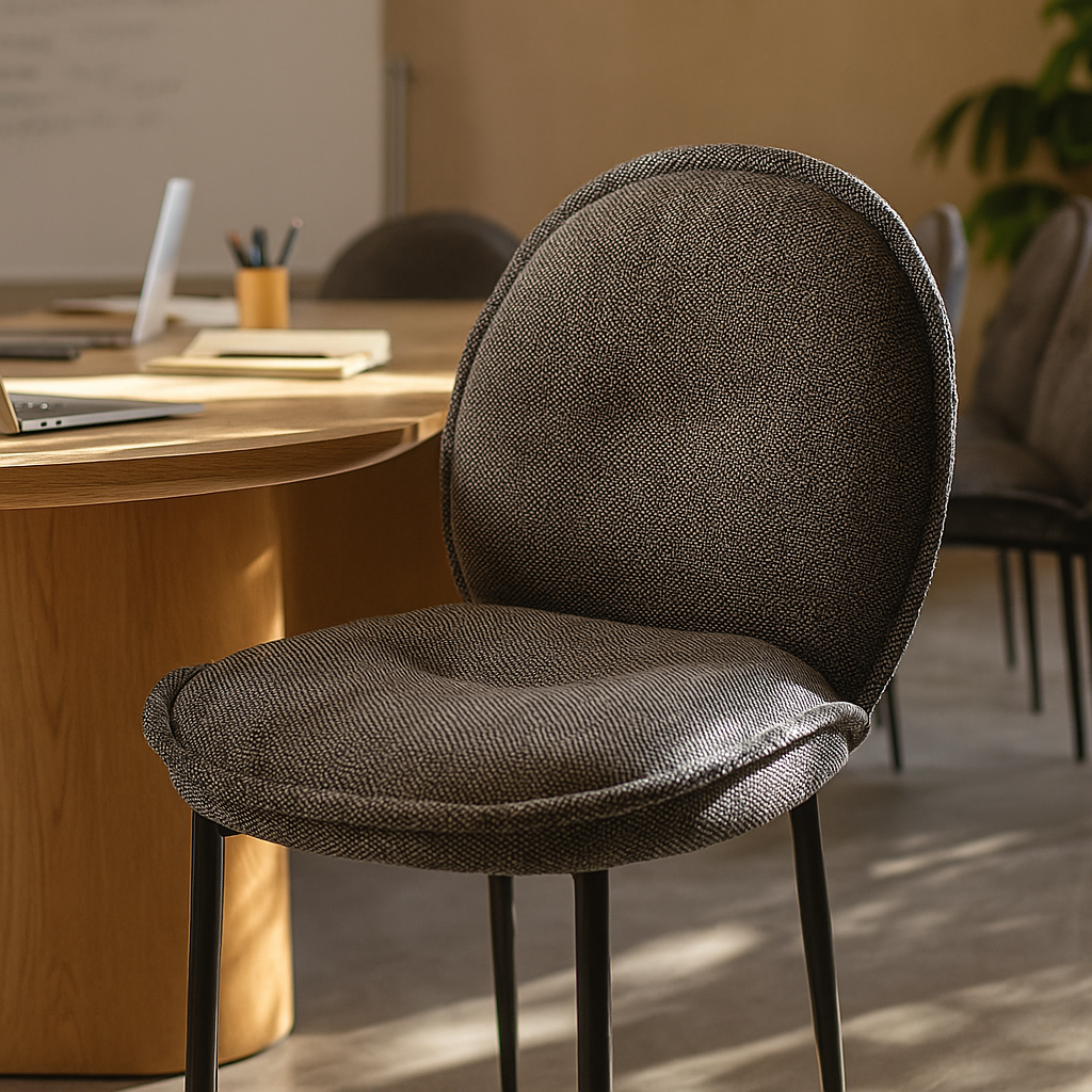 Dark grey upholstered Mhaya Chair with rounded backrest styled at a modern timber office table with soft natural light.