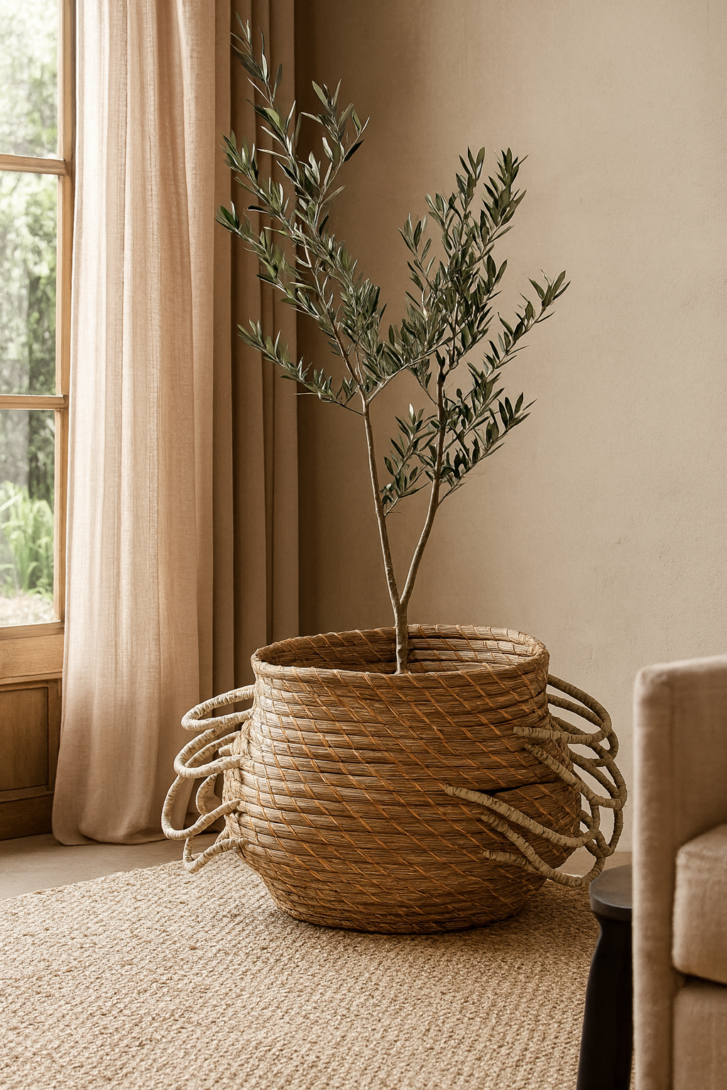 Mhosi handwoven natural basket with looped handles styled as a planter in a sunlit living room with textured rug and soft linen curtains