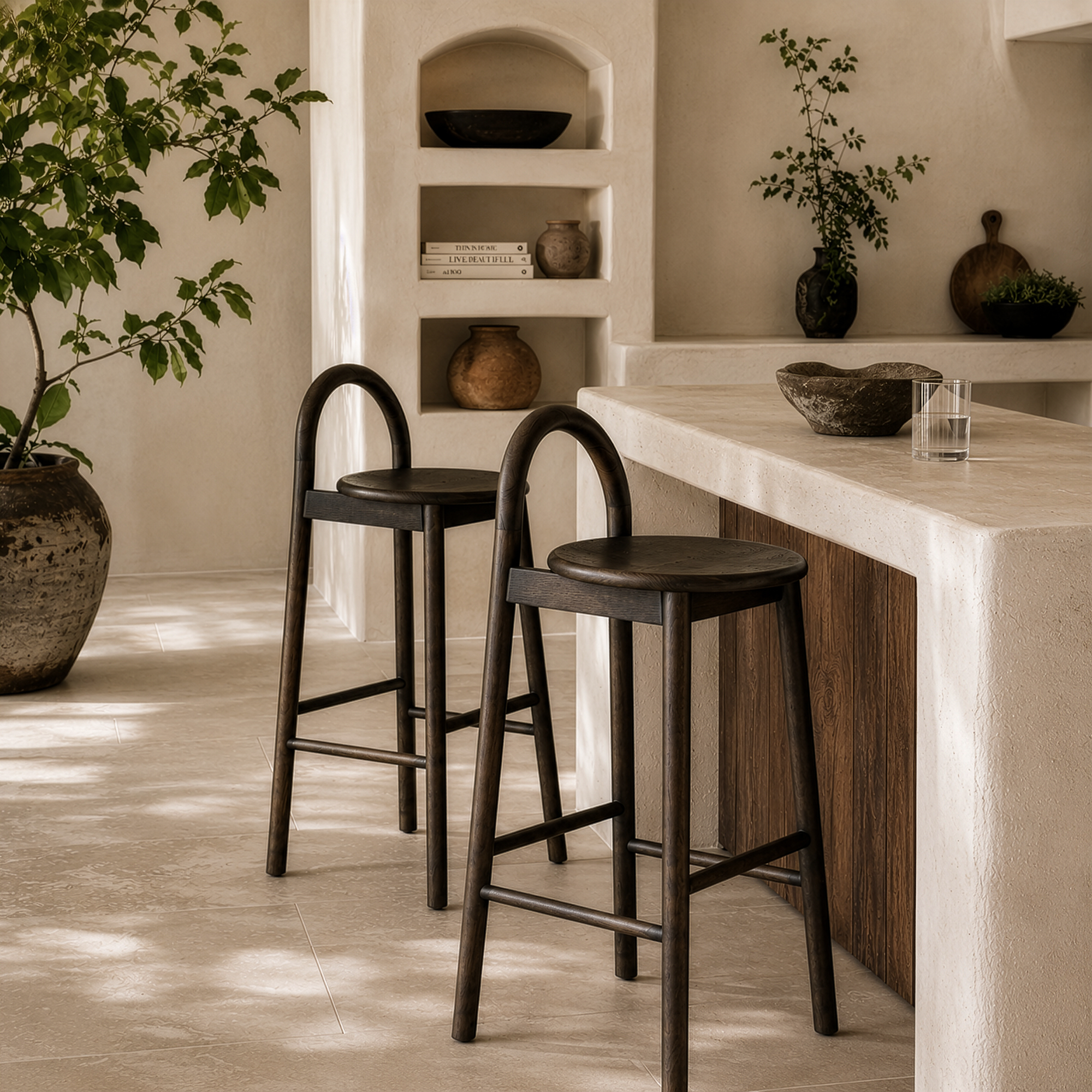 Milo barchair in espresso finish styled beside a textured stone island creating a warm refined kitchen setting with natural earthy tones.