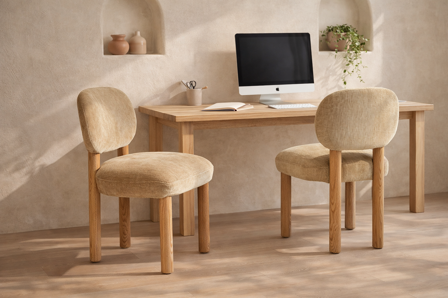 Moda dining chair dolce in soft beige dolce with timber legs styled in a calm modern organic australian home office setting