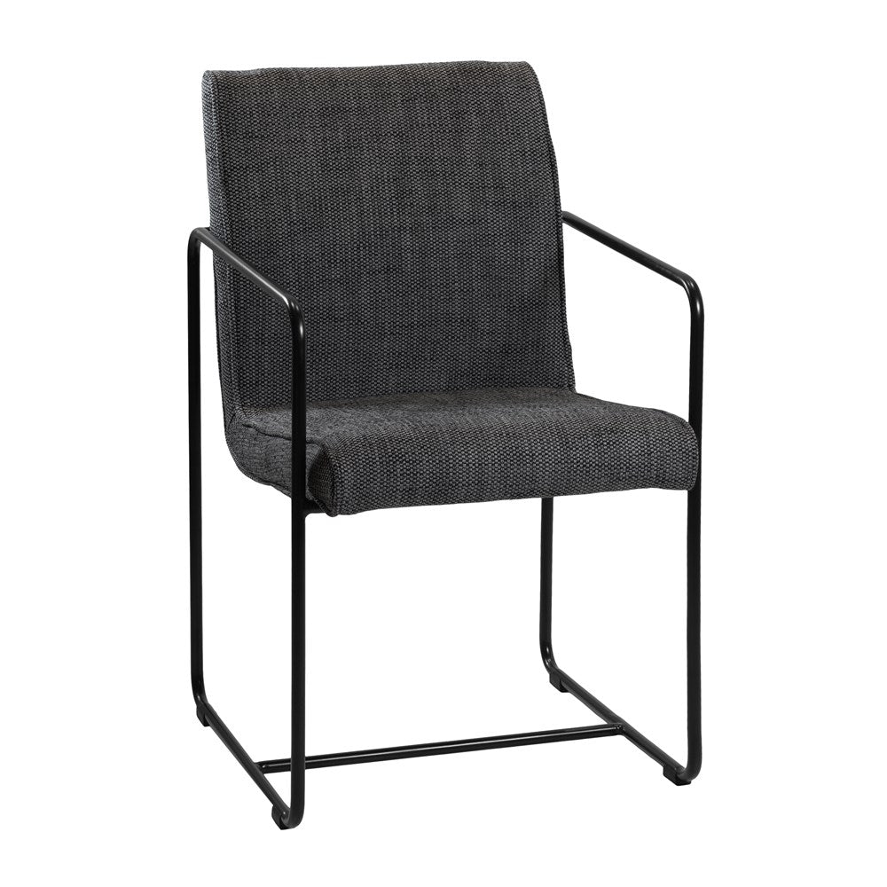 Kulala Living modern black dining chair featuring a sleek metal frame with a charcoal upholstered seat and backrest, offering a stylish and comfortable seating solution