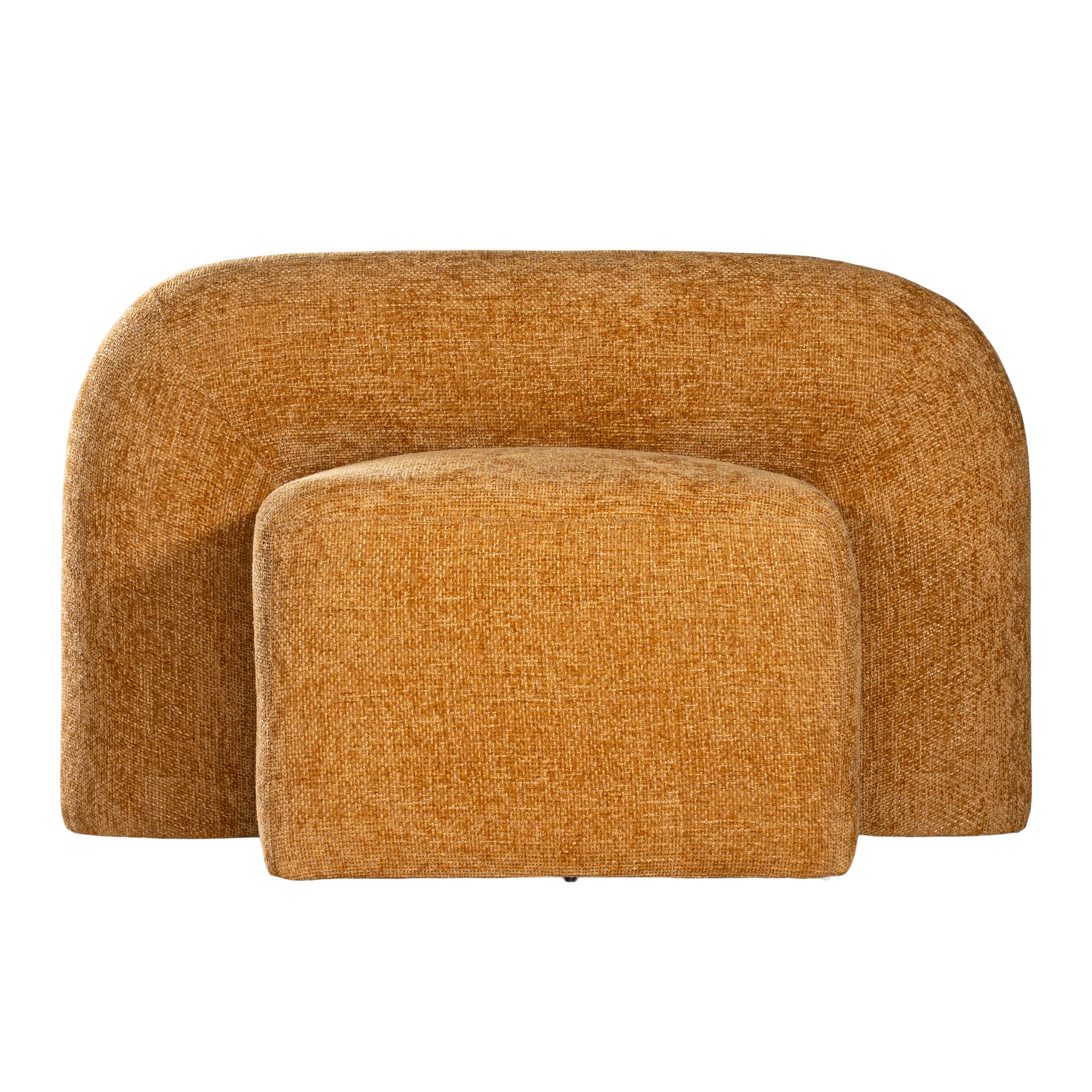 A luxurious mustard lounge chair with a sculptural, curved backrest and a matching ottoman, offering a bold yet elegant statement piece for contemporary interiors.