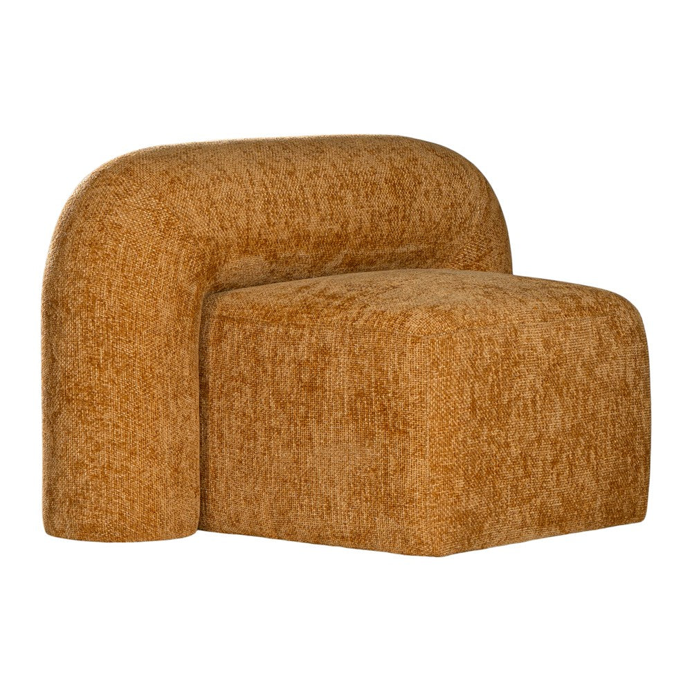 A luxurious mustard lounge chair with a sculptural, curved backrest and a matching ottoman, offering a bold yet elegant statement piece for contemporary interiors.