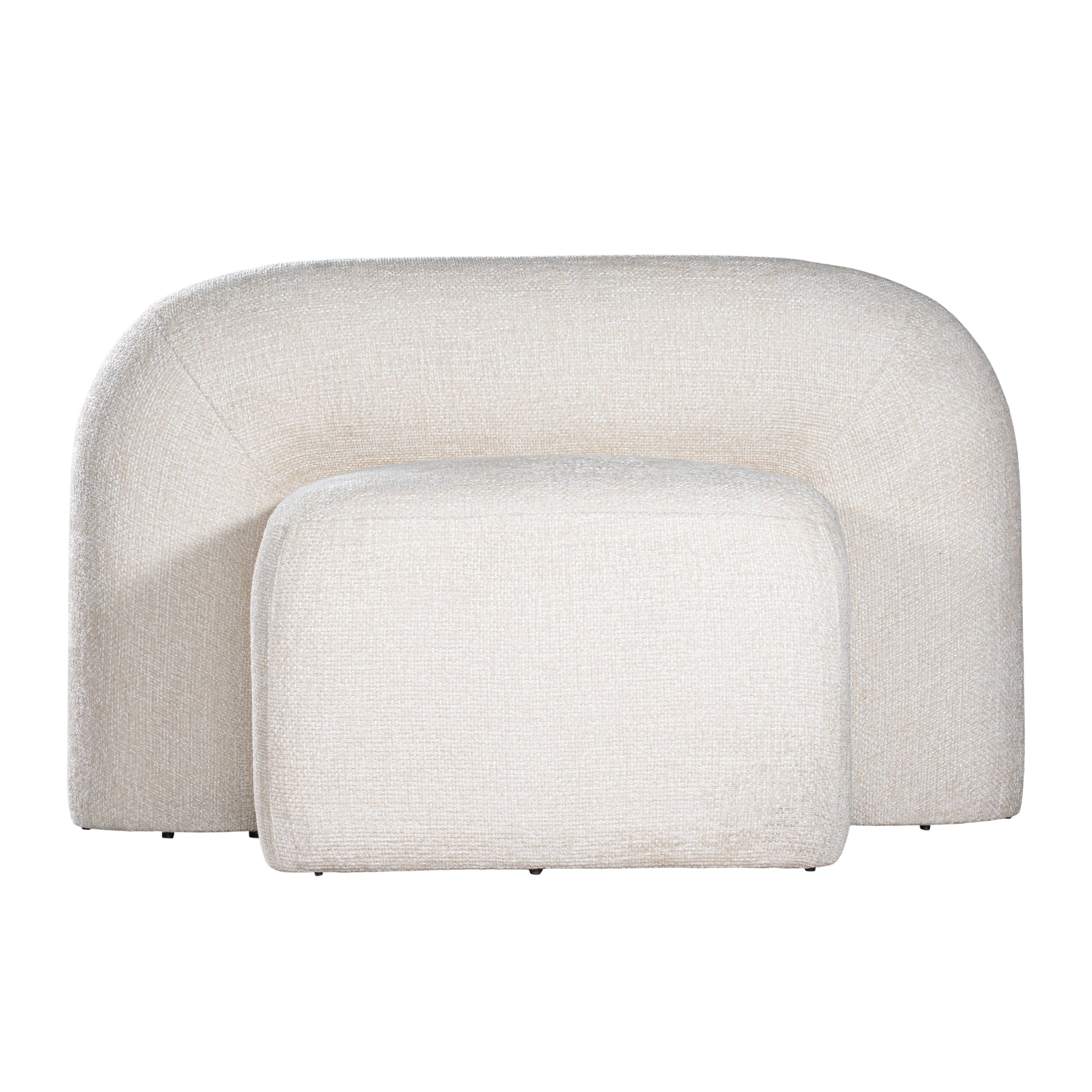 A luxurious white lounge chair with a sculptural, curved backrest and a matching ottoman, offering a bold yet elegant statement piece for contemporary interiors