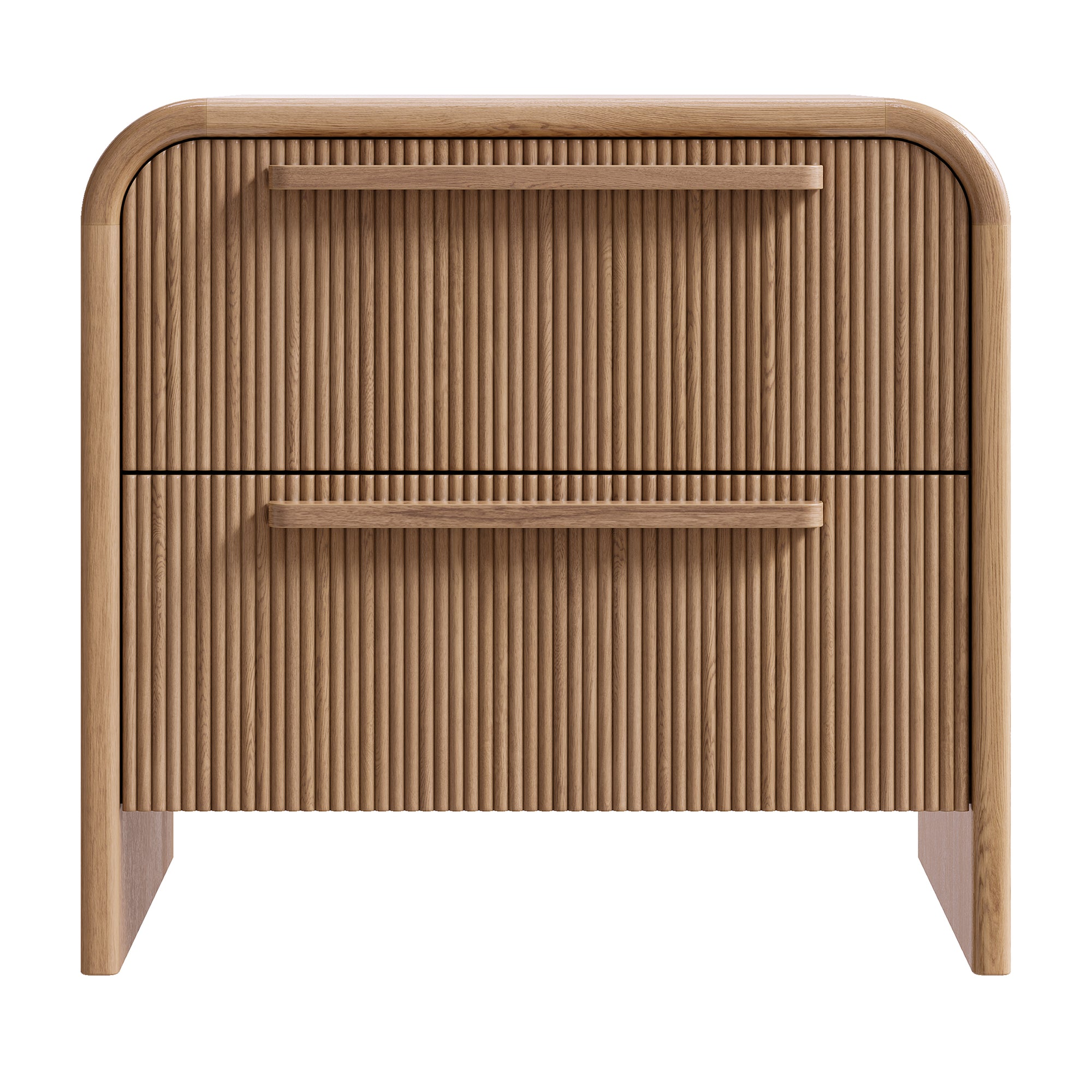 A modern oak bedside table from KULALA Living, featuring a curved silhouette and storage drawers. Crafted from natural wood, this minimalist piece enhances any bedroom with its warm, organic aesthetic