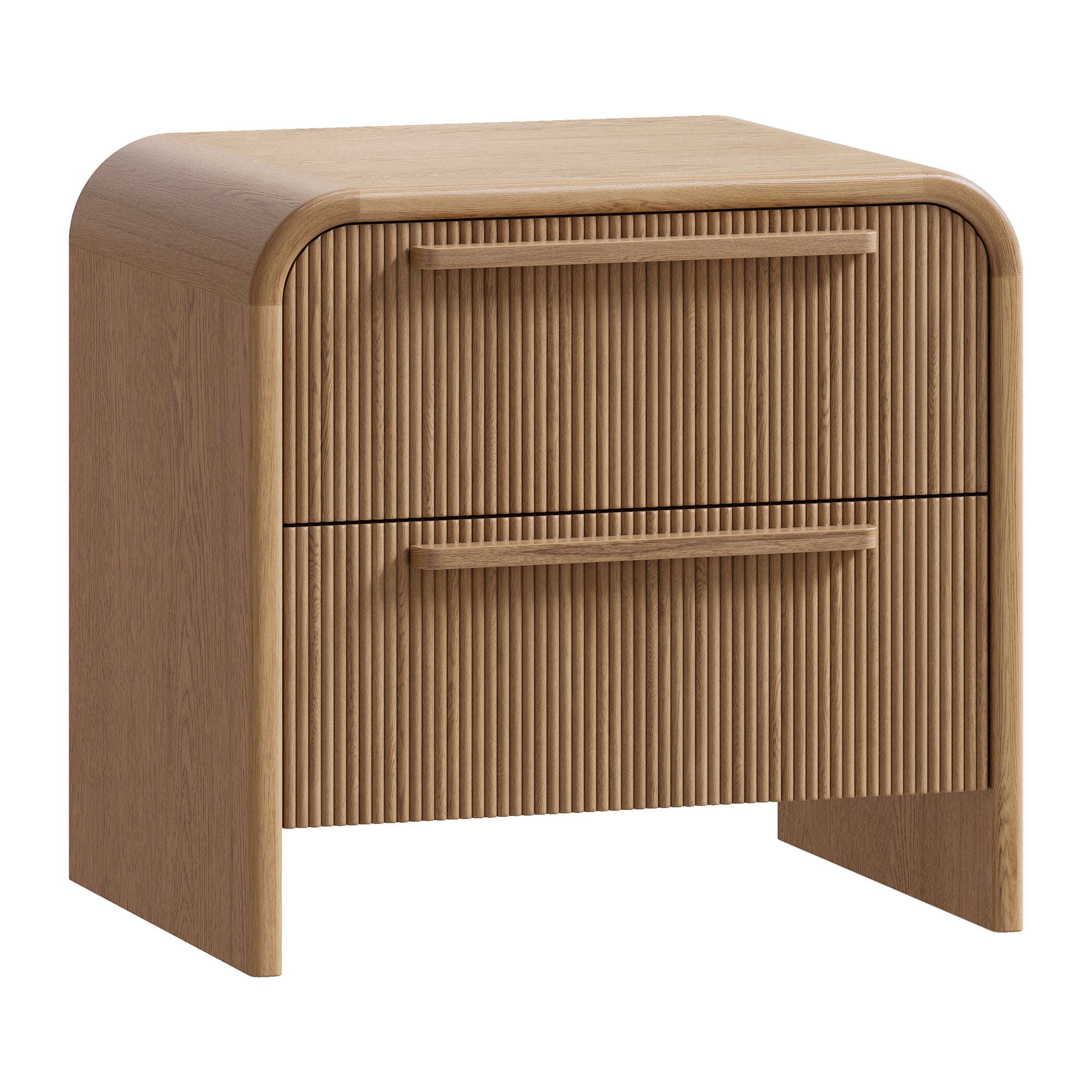 A modern oak bedside table from KULALA Living, featuring a curved silhouette and storage drawers. Crafted from natural wood, this minimalist piece enhances any bedroom with its warm, organic aesthetic