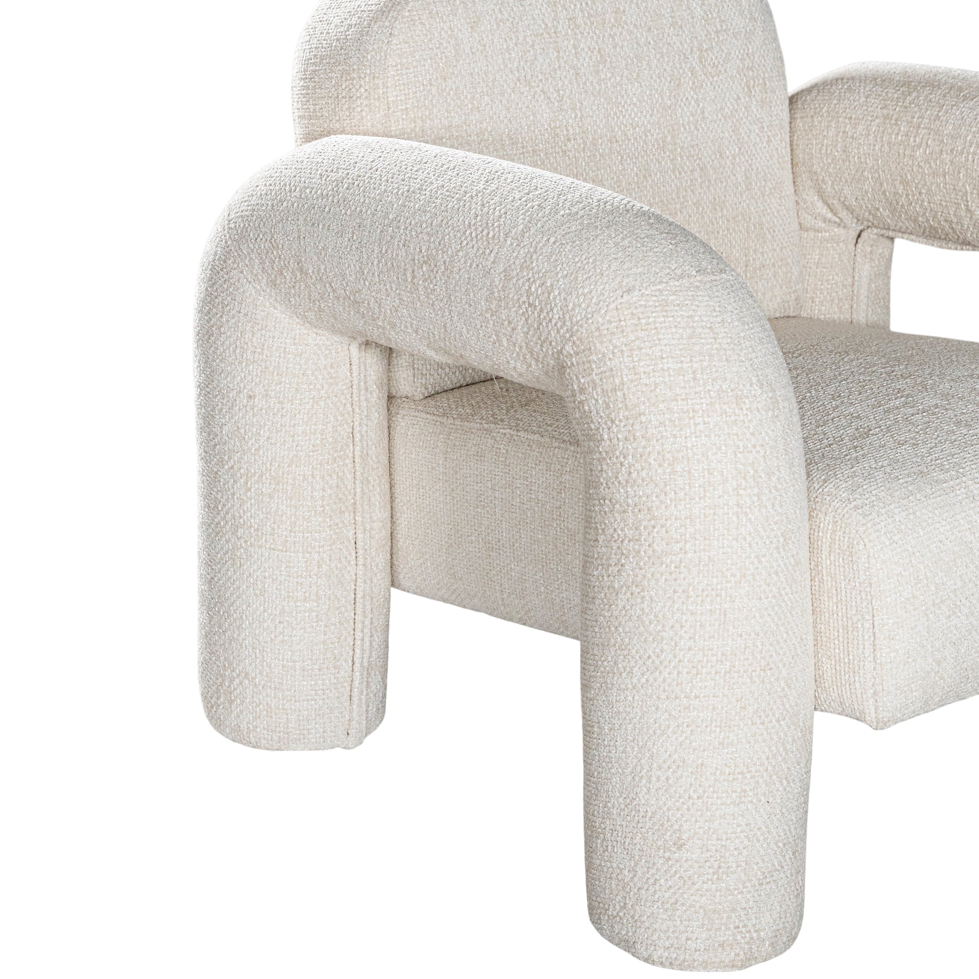 A modern sculptural armchair with rounded, chunky arms and backrest, upholstered in soft white boucle fabric, perfect for contemporary living spaces