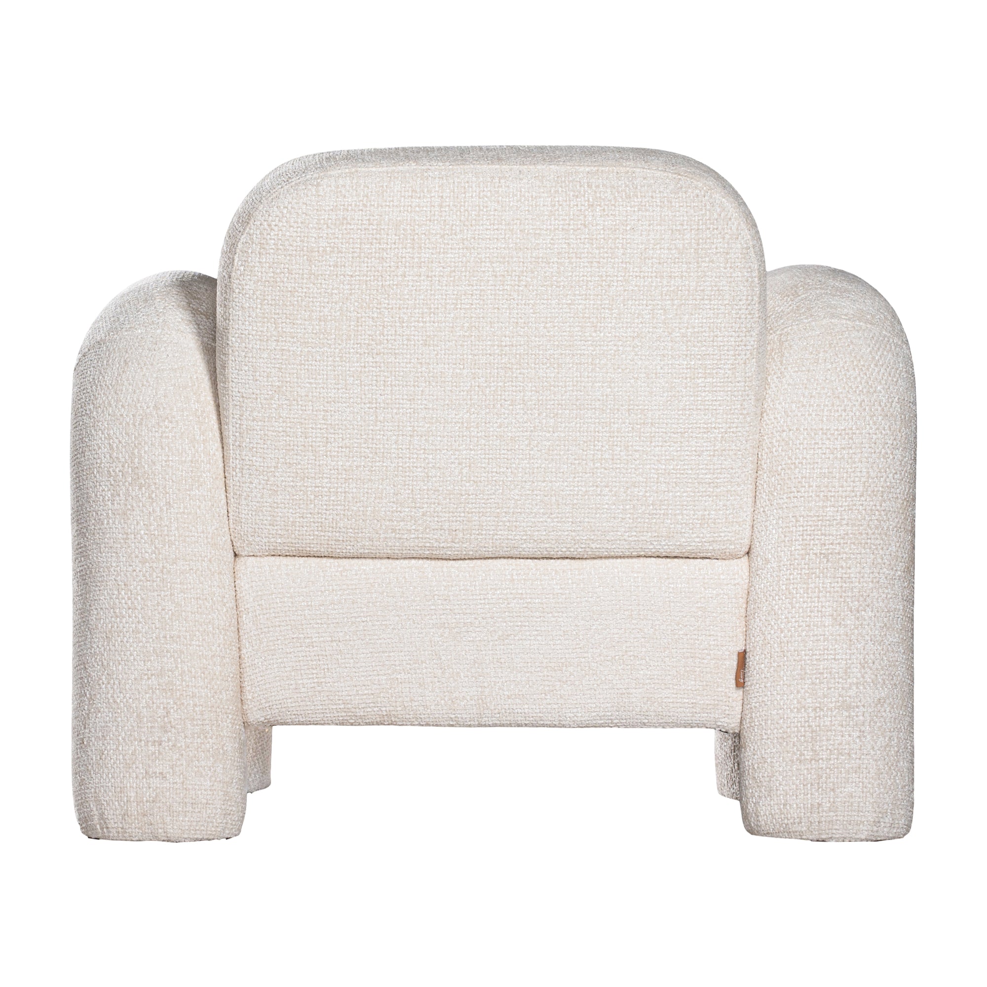 A modern sculptural armchair with rounded, chunky arms and backrest, upholstered in soft white boucle fabric, perfect for contemporary living spaces