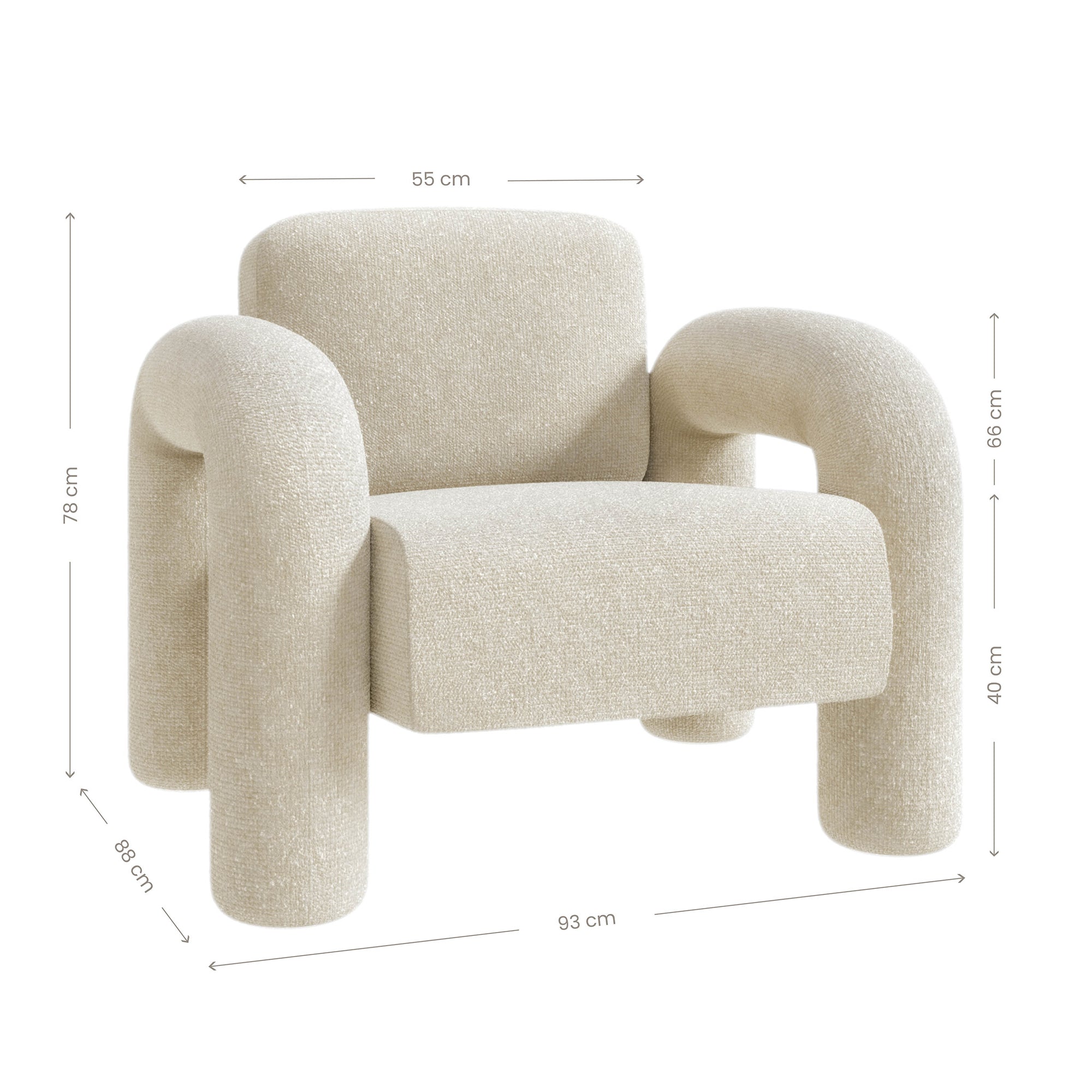A modern sculptural armchair with rounded, chunky arms and backrest, upholstered in soft white boucle fabric, perfect for contemporary living spaces