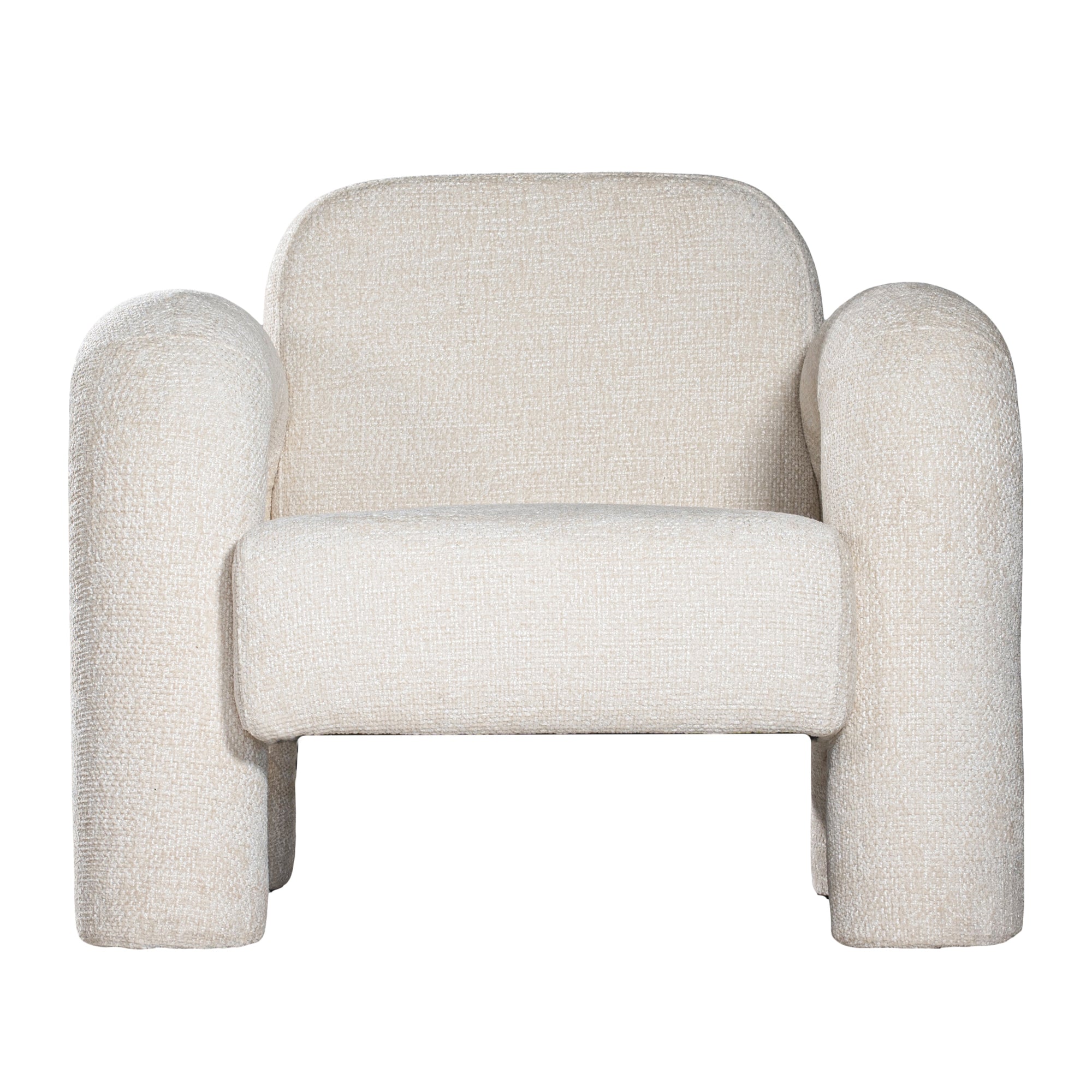 A modern sculptural armchair with rounded, chunky arms and backrest, upholstered in soft white boucle fabric, perfect for contemporary living spaces