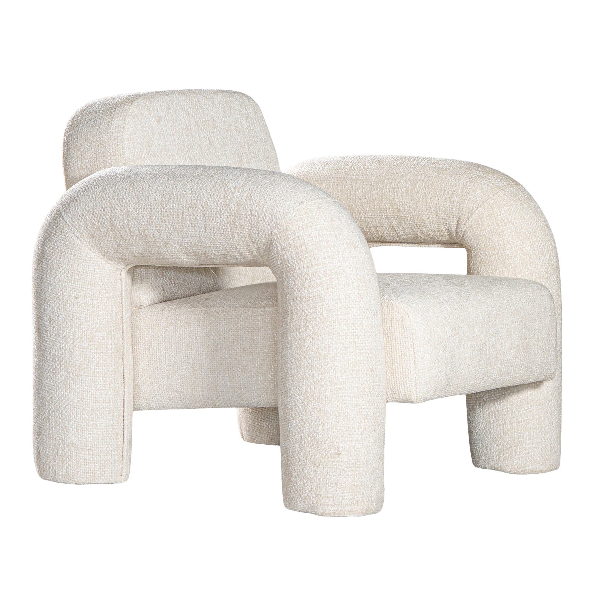A modern sculptural armchair with rounded, chunky arms and backrest, upholstered in soft white boucle fabric, perfect for contemporary living spaces