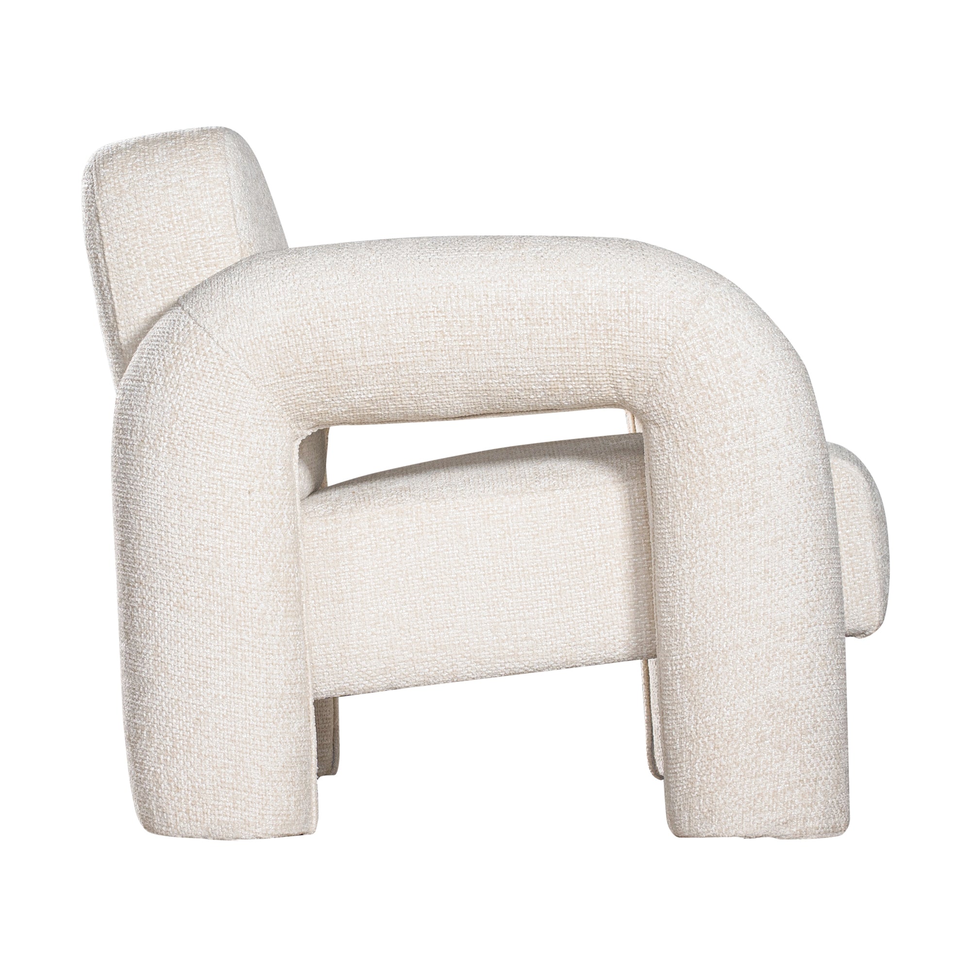 A modern sculptural armchair with rounded, chunky arms and backrest, upholstered in soft white boucle fabric, perfect for contemporary living spaces