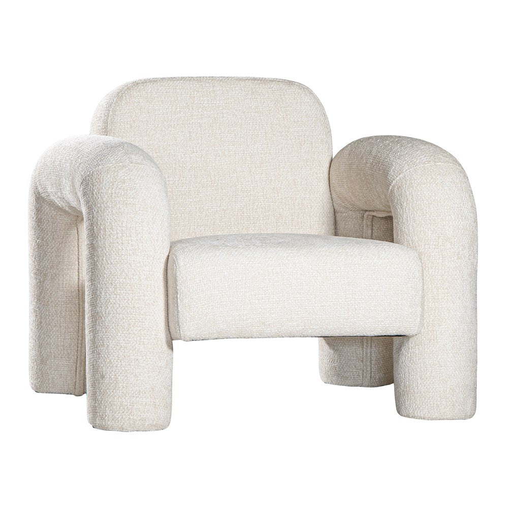 A modern sculptural armchair with rounded, chunky arms and backrest, upholstered in soft white boucle fabric, perfect for contemporary living spaces