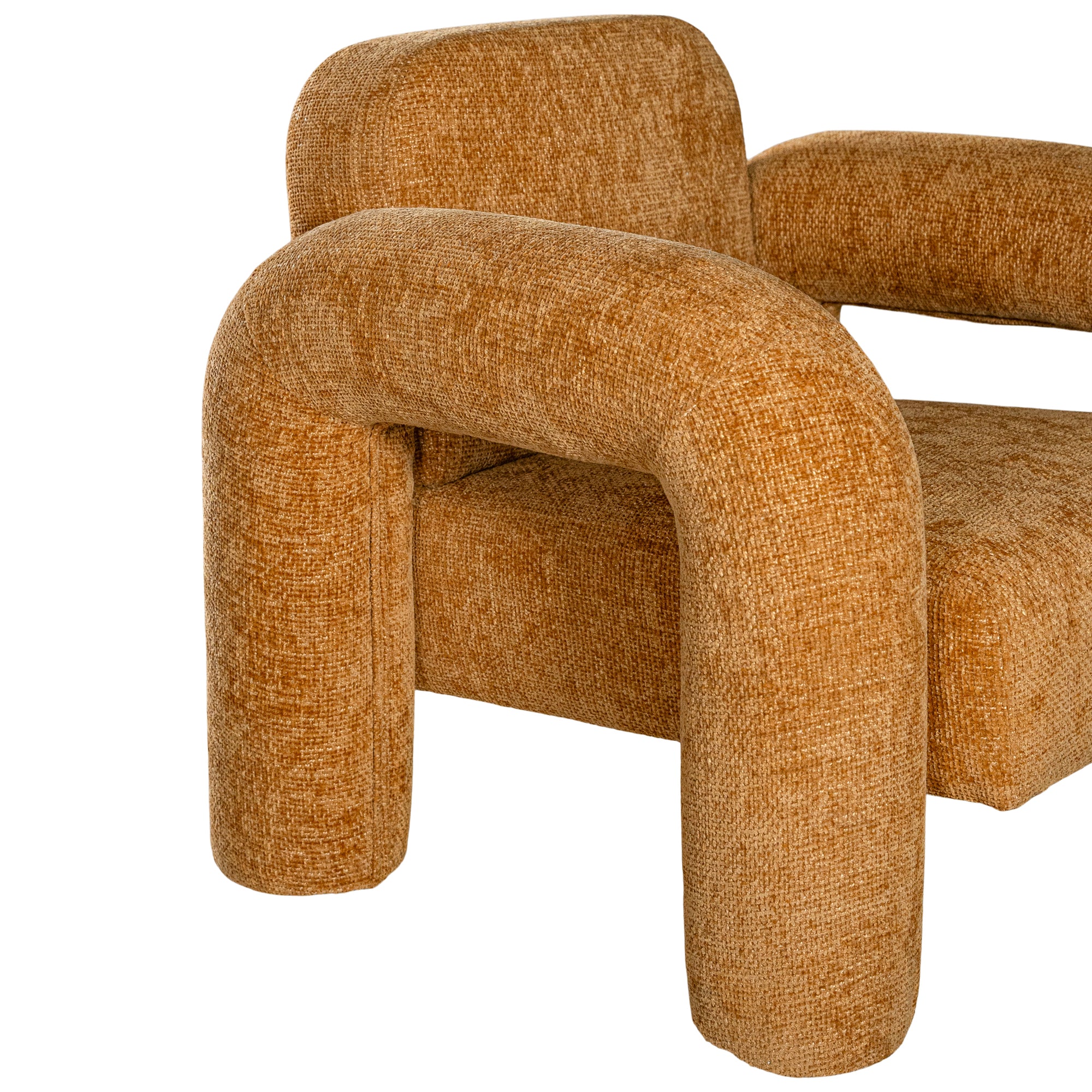 A modern sculptural armchair with rounded, chunky arms and backrest, upholstered in mustard boucle fabric, perfect for contemporary living spaces