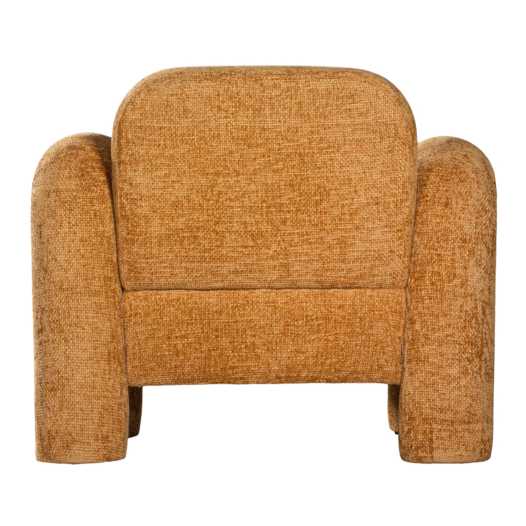 A modern sculptural armchair with rounded, chunky arms and backrest, upholstered in mustard boucle fabric, perfect for contemporary living spaces