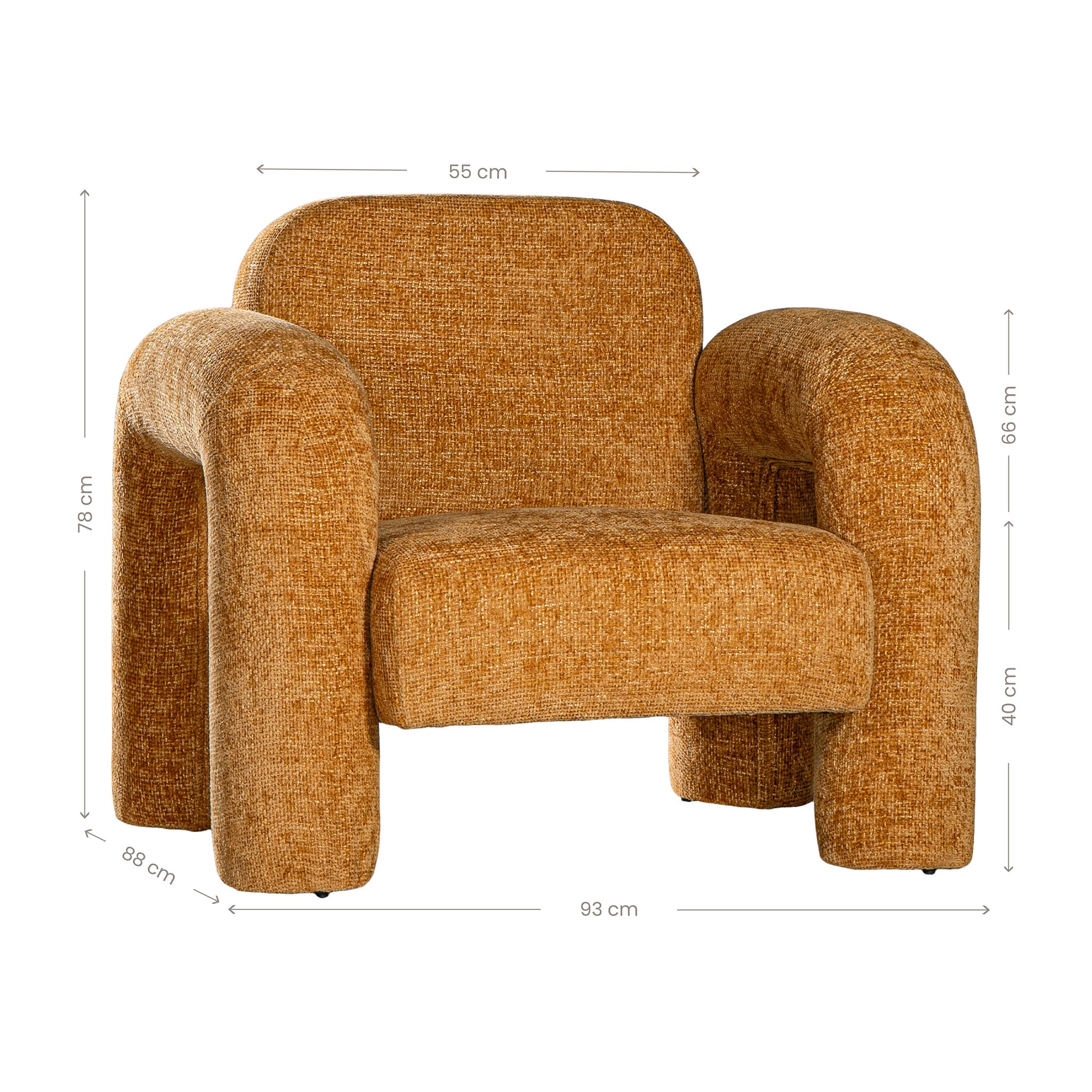A modern sculptural armchair with rounded, chunky arms and backrest, upholstered in mustard boucle fabric, perfect for contemporary living spaces