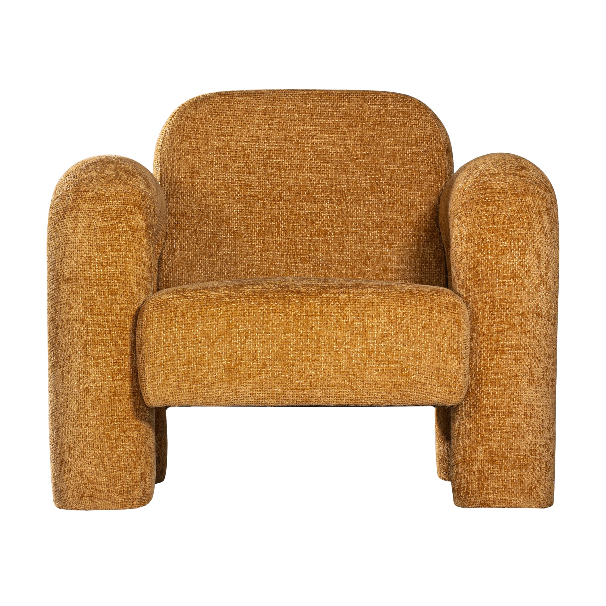 A modern sculptural armchair with rounded, chunky arms and backrest, upholstered in mustard boucle fabric, perfect for contemporary living spaces