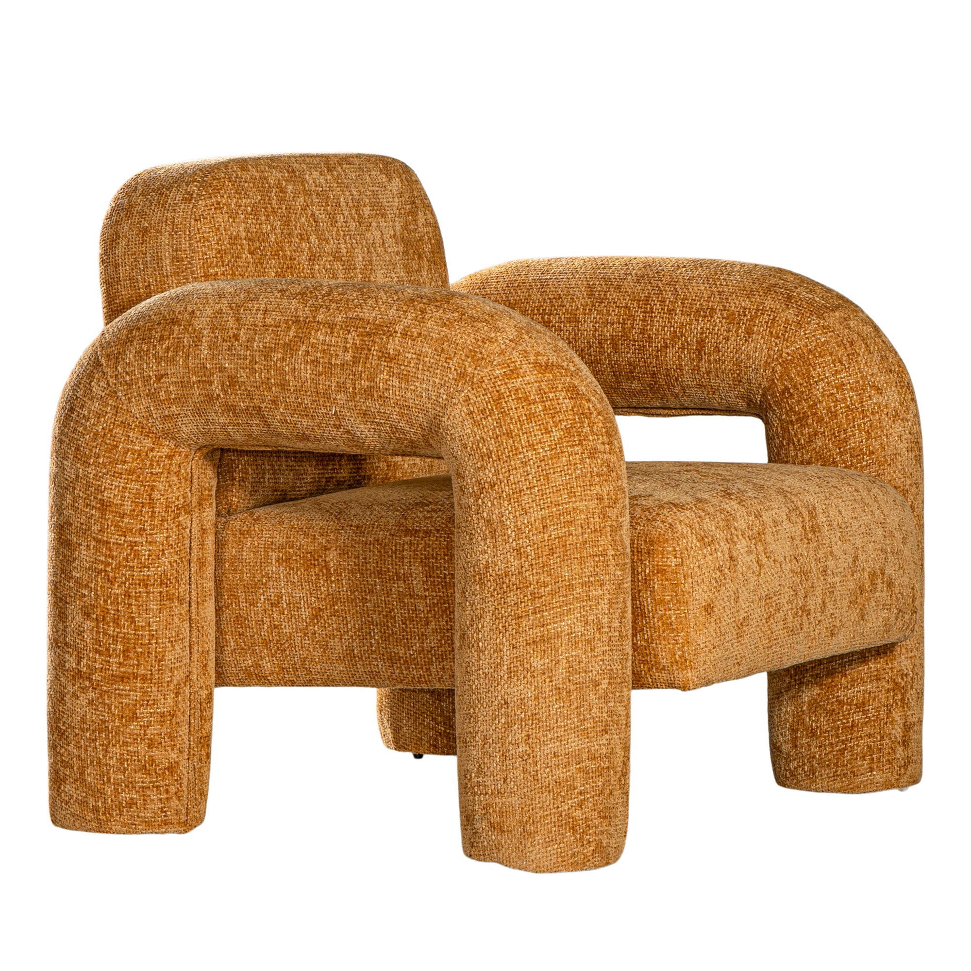 A modern sculptural armchair with rounded, chunky arms and backrest, upholstered in mustard boucle fabric, perfect for contemporary living spaces