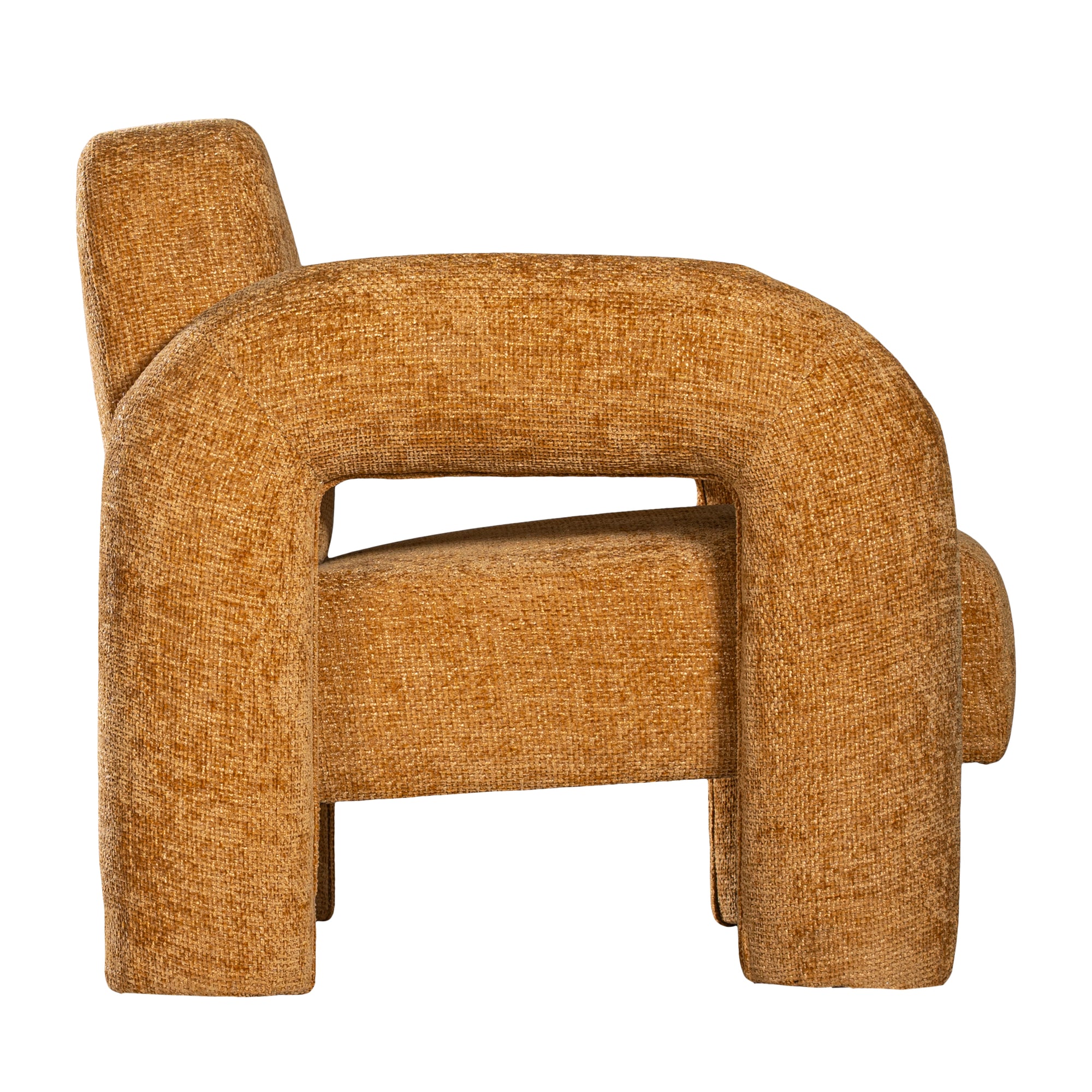 A modern sculptural armchair with rounded, chunky arms and backrest, upholstered in mustard boucle fabric, perfect for contemporary living spaces