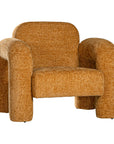 A modern sculptural armchair with rounded, chunky arms and backrest, upholstered in mustard boucle fabric, perfect for contemporary living spaces
