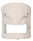 Contemporary upholstered armchair in a soft beige fabric, featuring a sculptural curved frame and plush seating for a modern, sophisticated look.