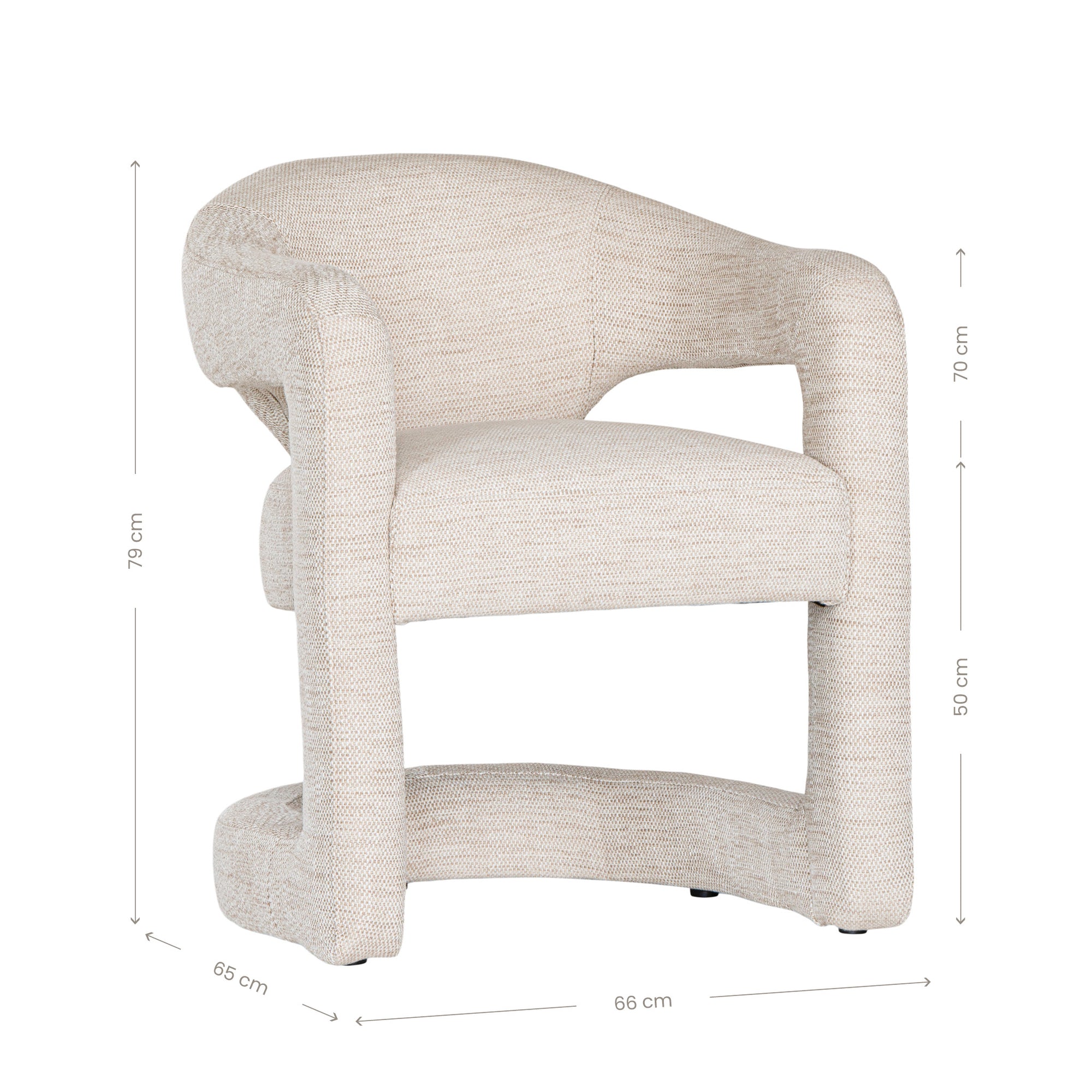 Contemporary upholstered armchair in a soft beige fabric, featuring a sculptural curved frame and plush seating for a modern, sophisticated look.