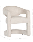 Contemporary upholstered armchair in a soft beige fabric, featuring a sculptural curved frame and plush seating for a modern, sophisticated look.