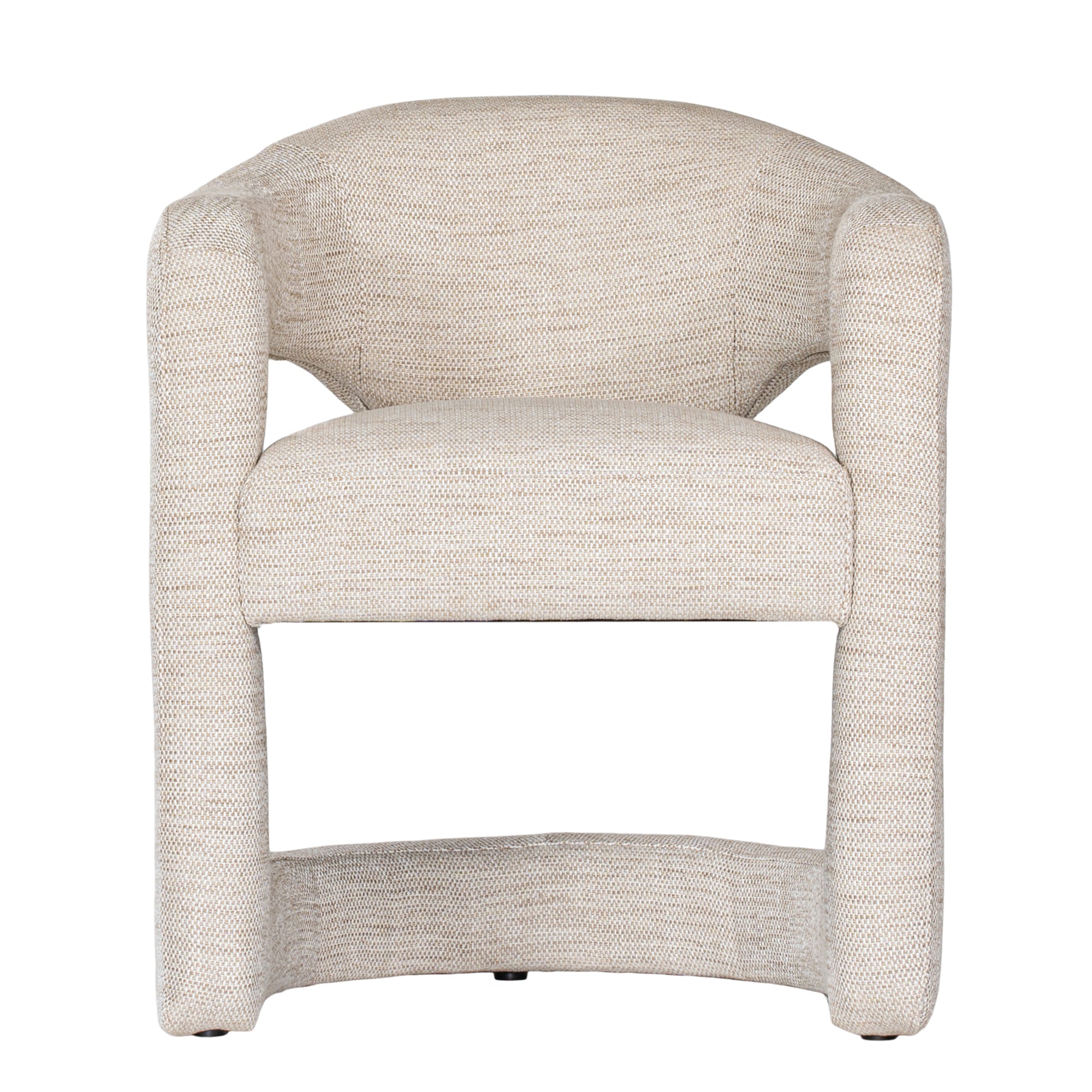 Contemporary upholstered armchair in a soft beige fabric, featuring a sculptural curved frame and plush seating for a modern, sophisticated look.