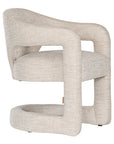 Contemporary upholstered armchair in a soft beige fabric, featuring a sculptural curved frame and plush seating for a modern, sophisticated look.