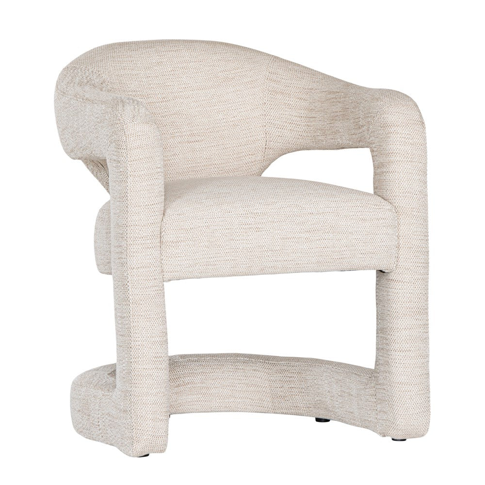 Contemporary upholstered armchair in a soft beige fabric, featuring a sculptural curved frame and plush seating for a modern, sophisticated look.