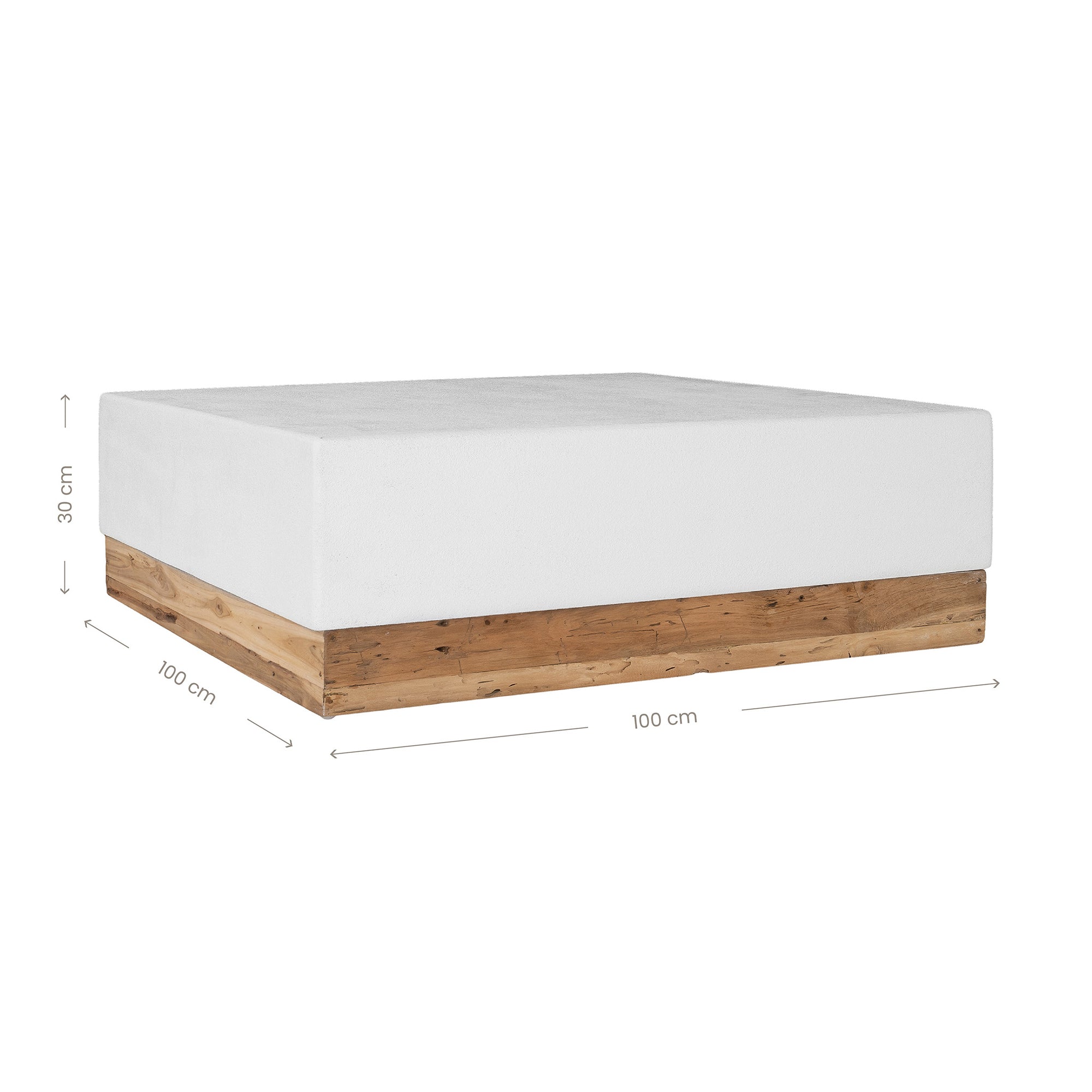 A contemporary white coffee table with a rustic wooden base, featuring a minimalist block design. This versatile piece blends modern aesthetics with organic textures, perfect for living spaces that embrace natural materials and clean lines
