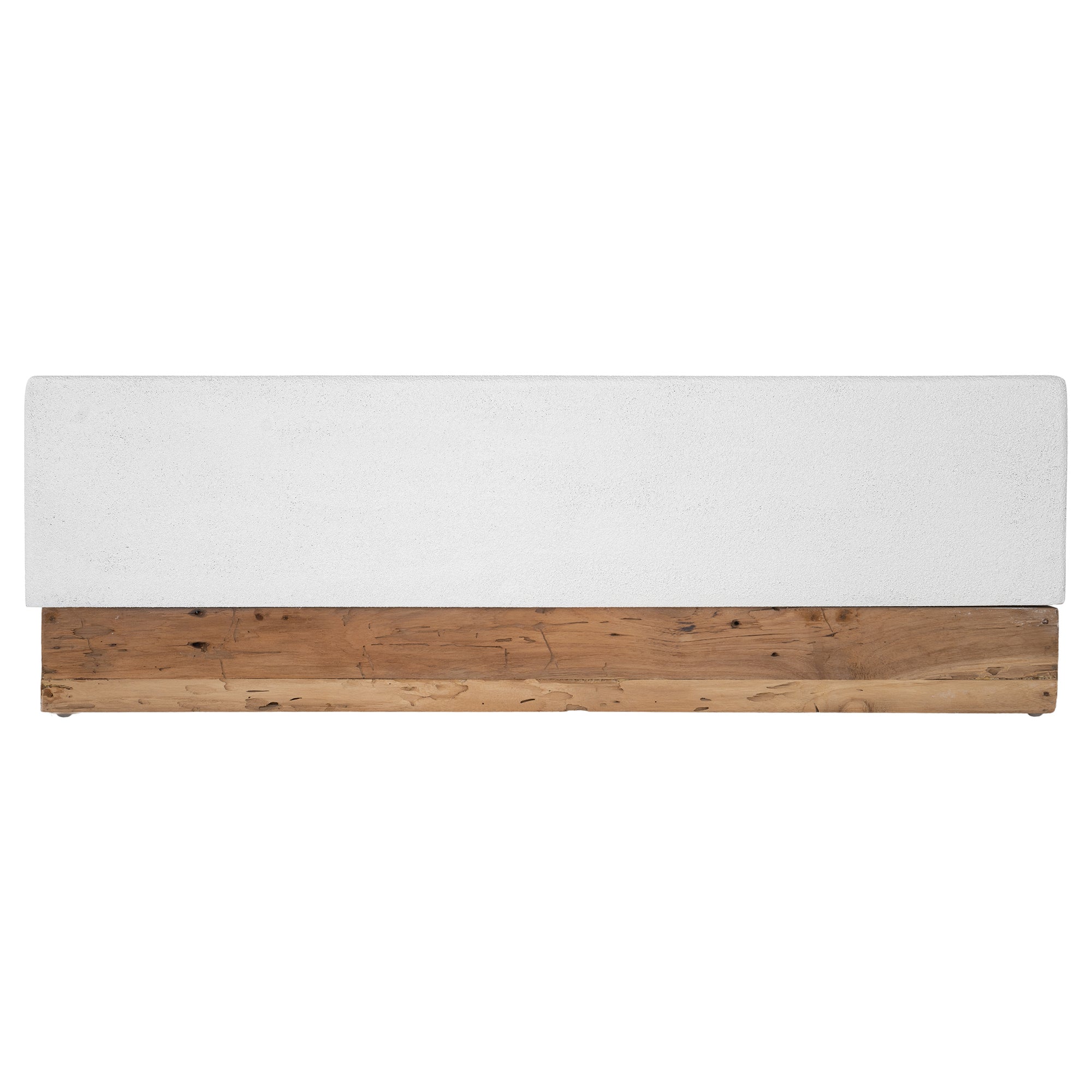 A contemporary white coffee table with a rustic wooden base, featuring a minimalist block design. This versatile piece blends modern aesthetics with organic textures, perfect for living spaces that embrace natural materials and clean lines