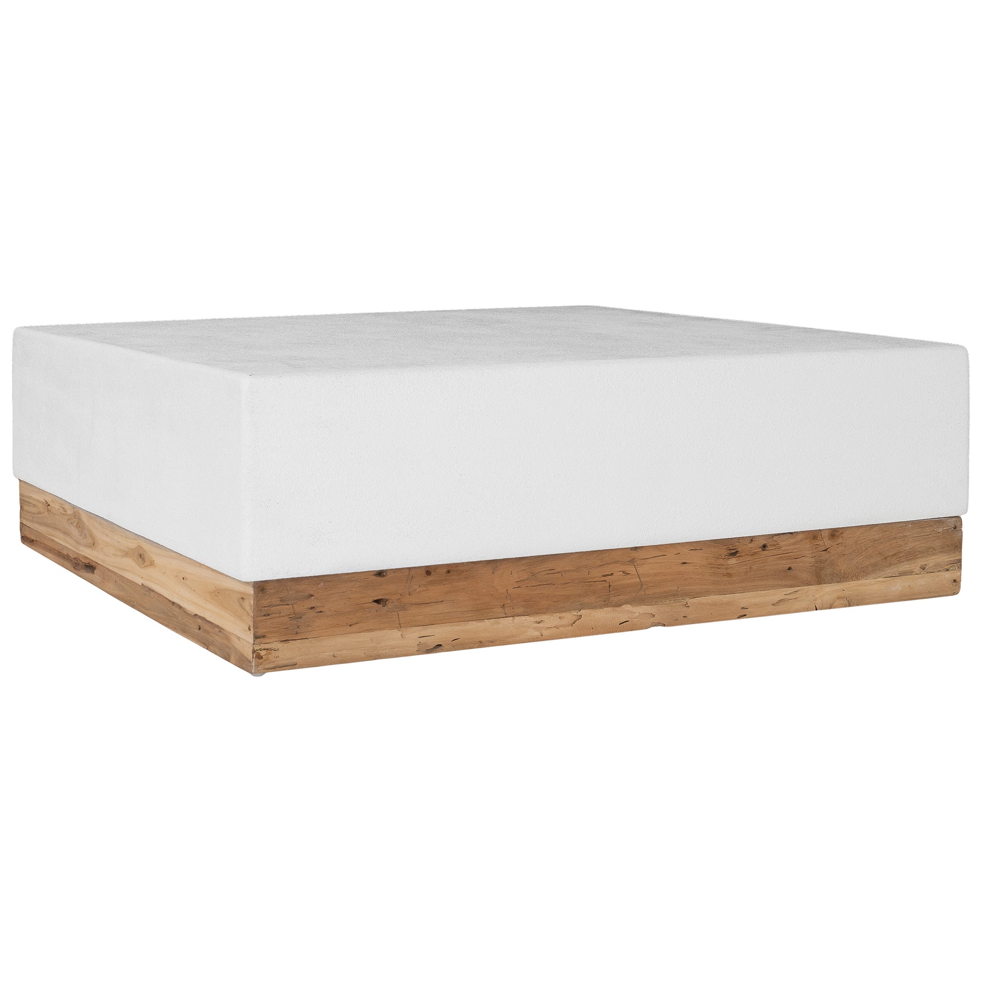 A contemporary white coffee table with a rustic wooden base, featuring a minimalist block design. This versatile piece blends modern aesthetics with organic textures, perfect for living spaces that embrace natural materials and clean lines