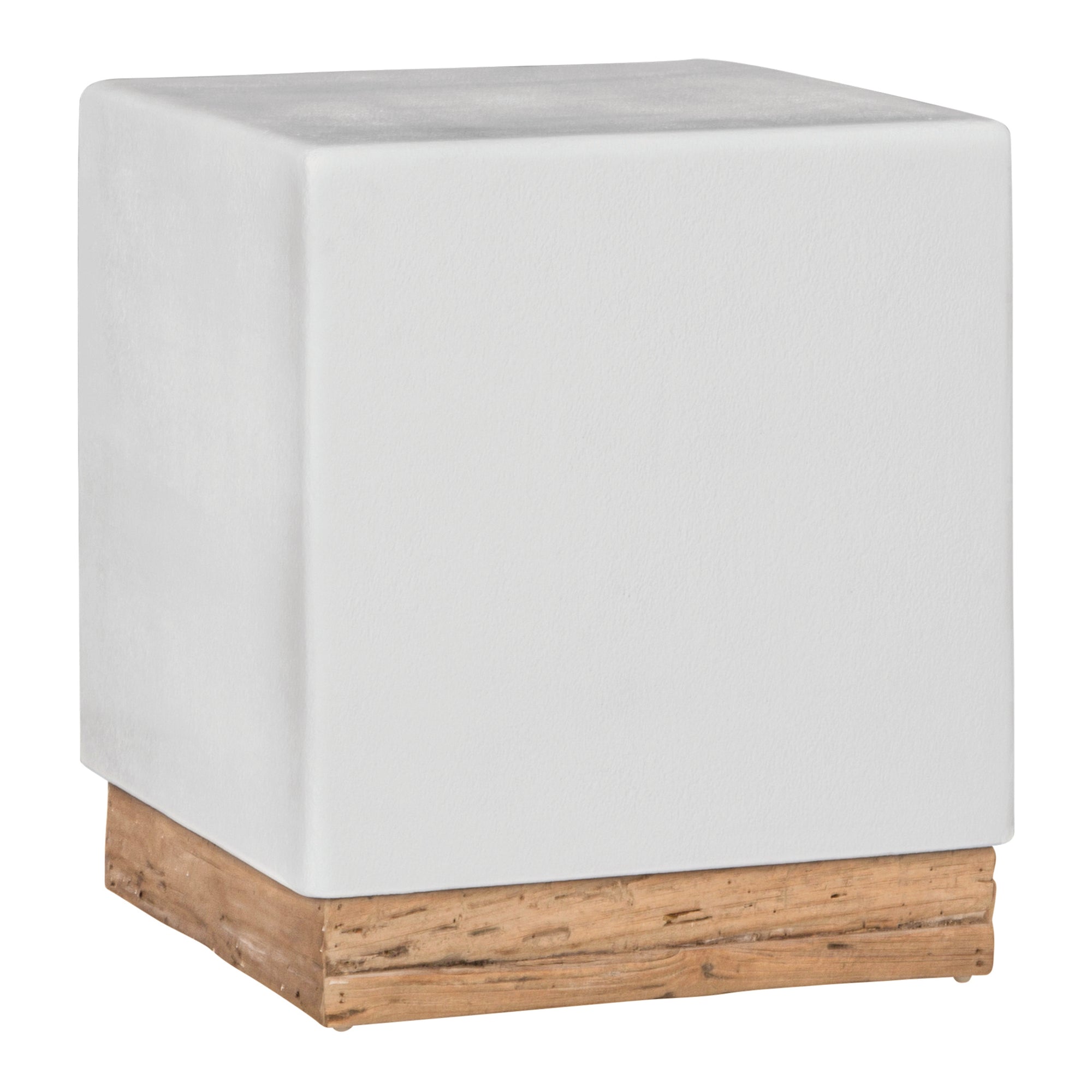 A modern square side table featuring a white cement finish and a rustic reclaimed wood base. This versatile piece adds a minimalist yet organic touch to contemporary interior