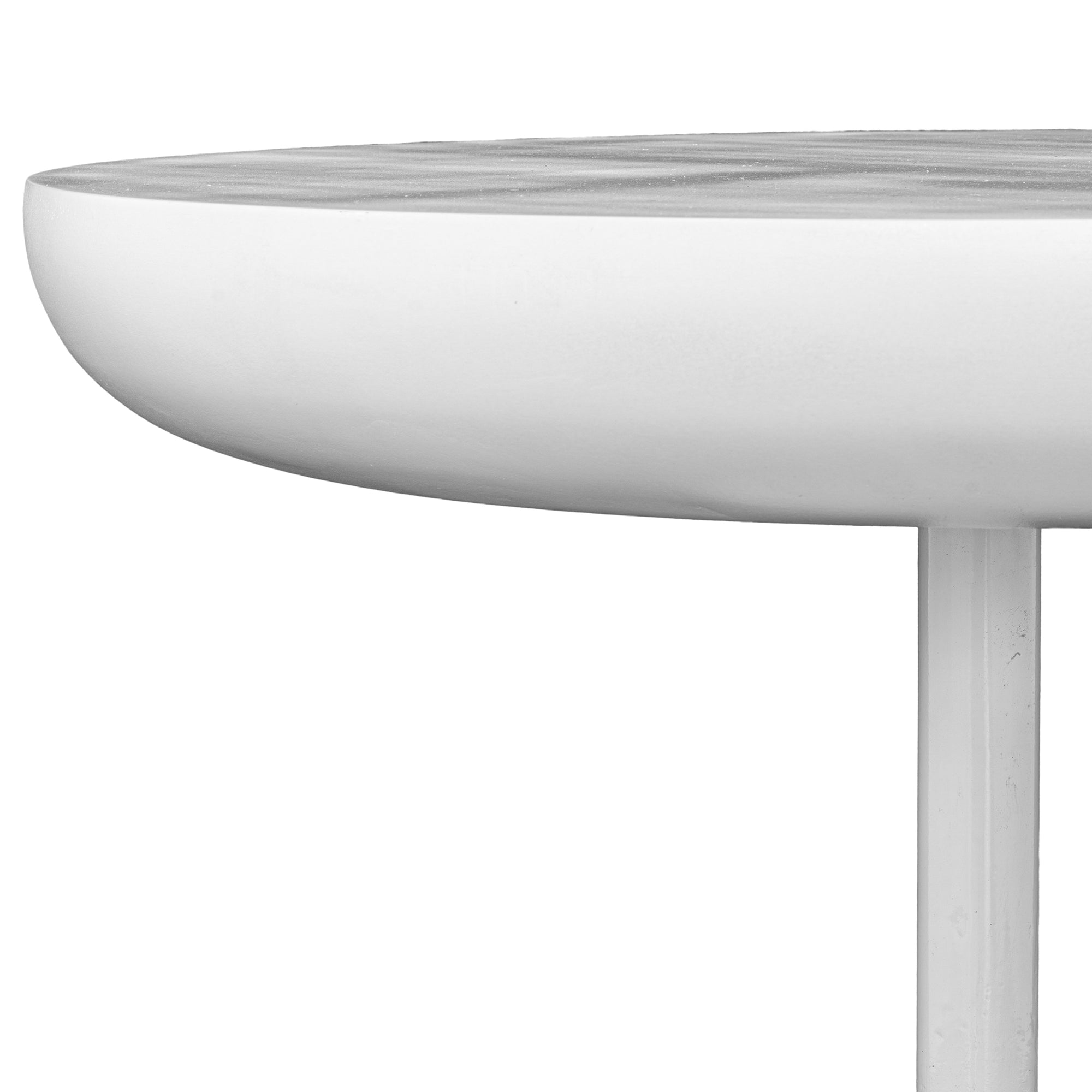 A contemporary white side table with a smooth, rounded top and a textured dome-shaped base, offering a modern and sculptural design