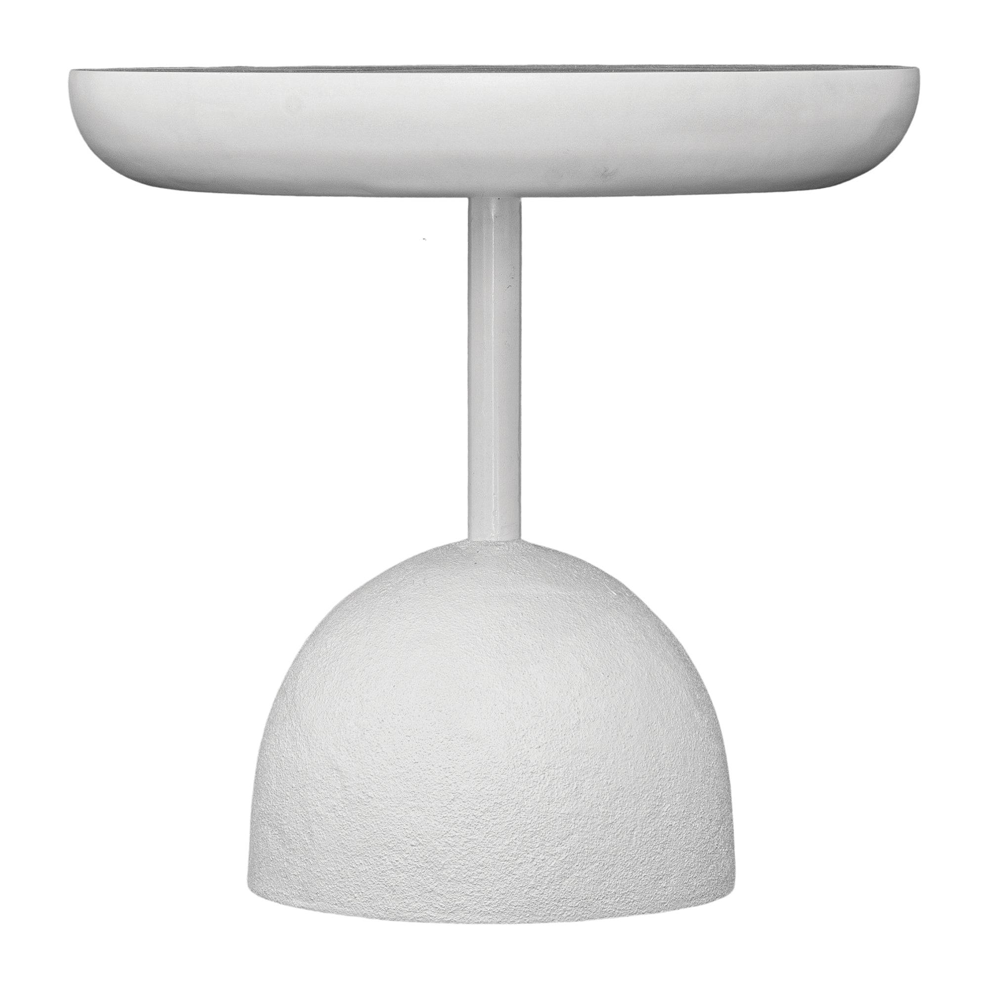 A contemporary white side table with a smooth, rounded top and a textured dome-shaped base, offering a modern and sculptural design